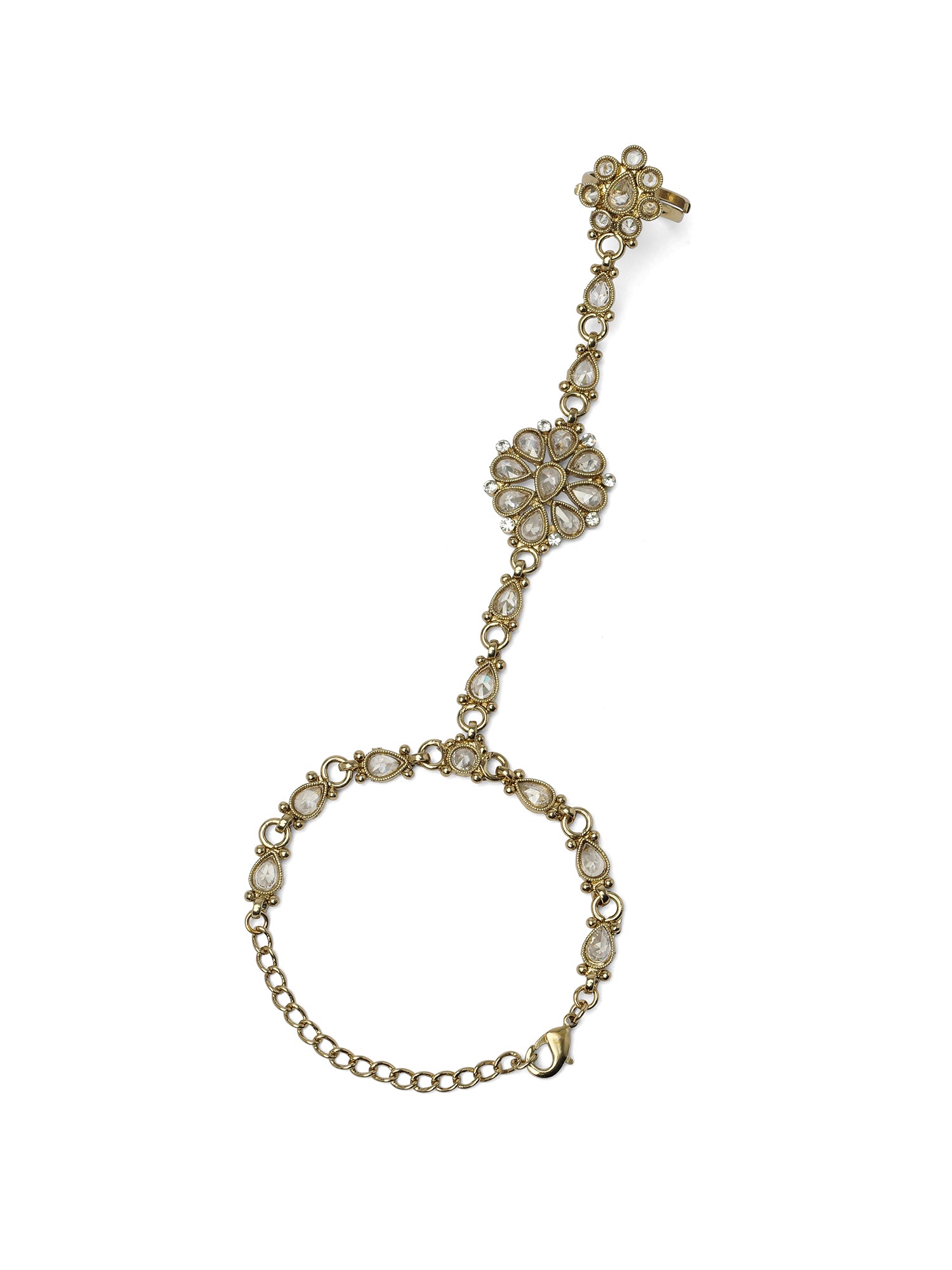 Saira Hand Chain in White and Antique Gold
