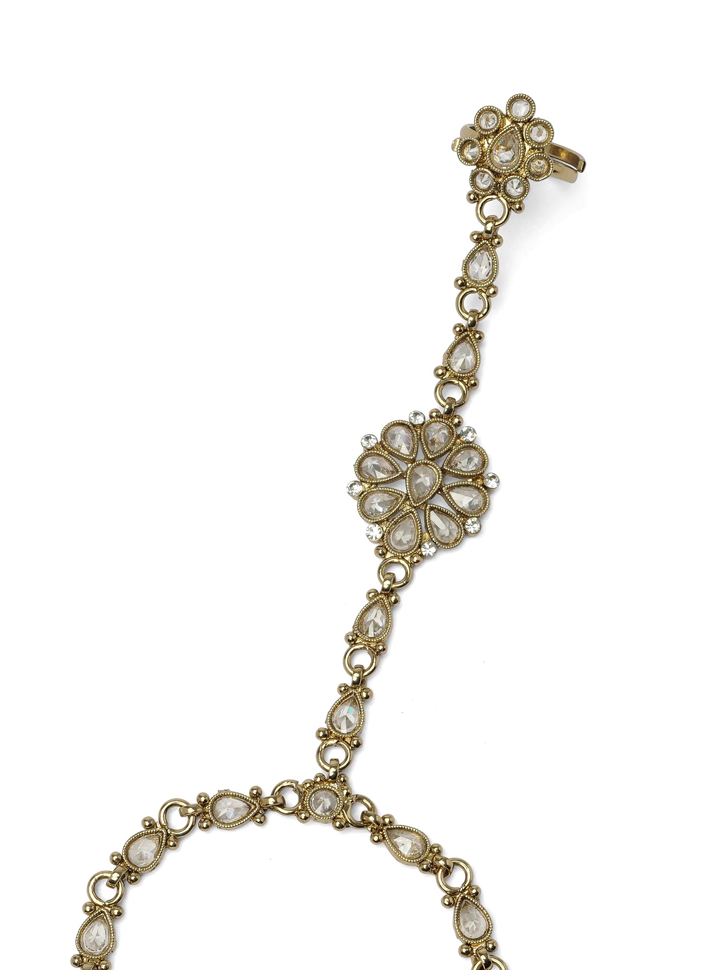 Saira Hand Chain in White and Antique Gold