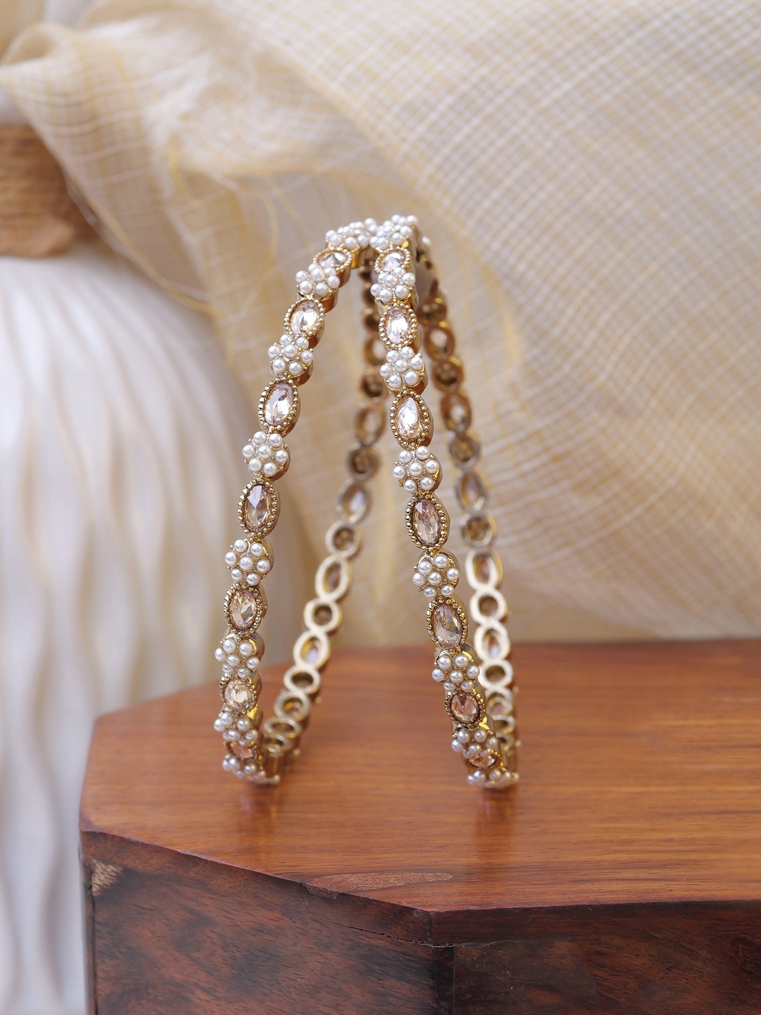 Sana Pearl and Crystal Bangles in Champagne
