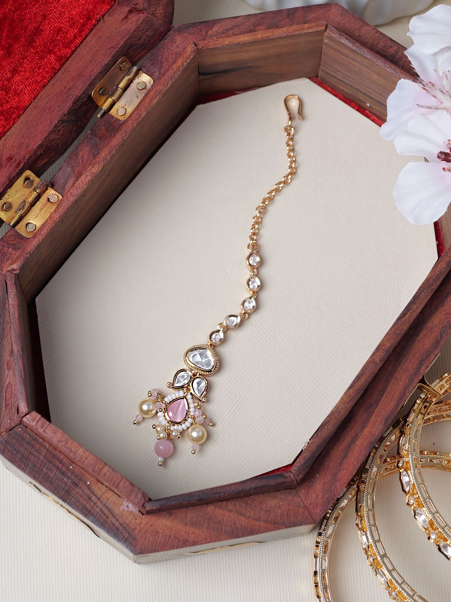 Sanya Kundan Maang Tikka in Light Pink