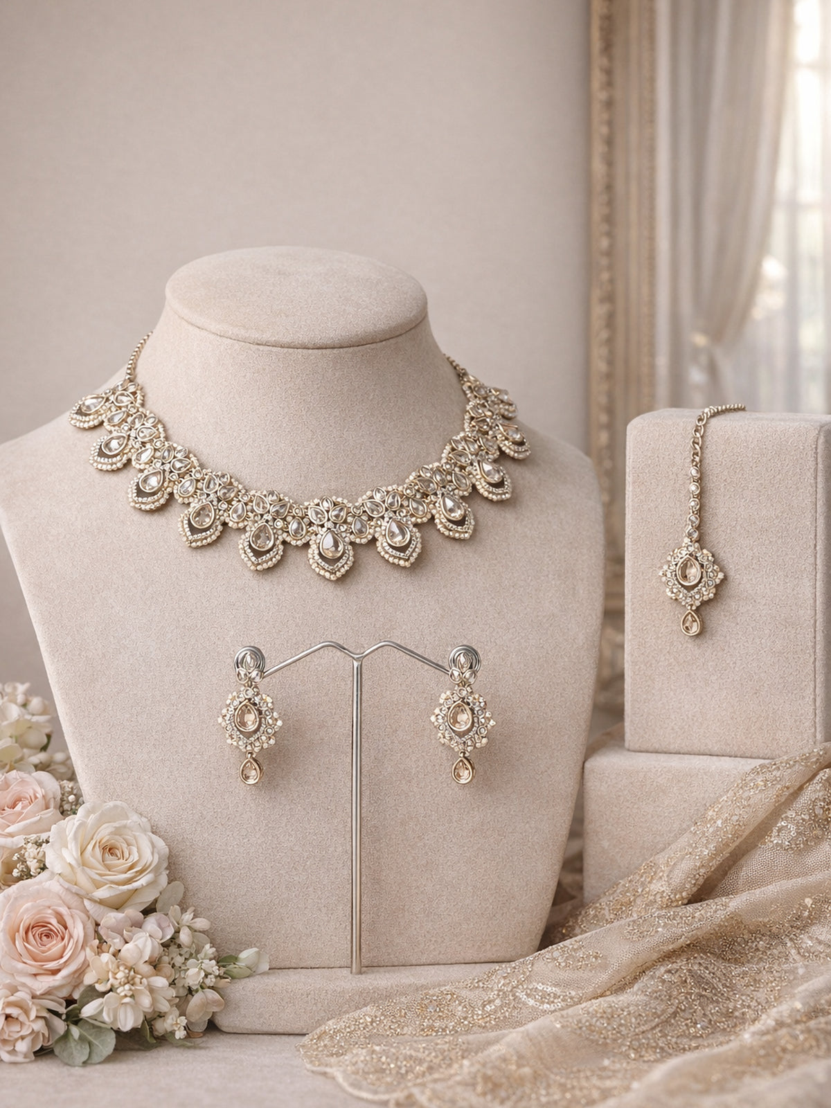 Selina Necklace Set in Pearl and Champagne 