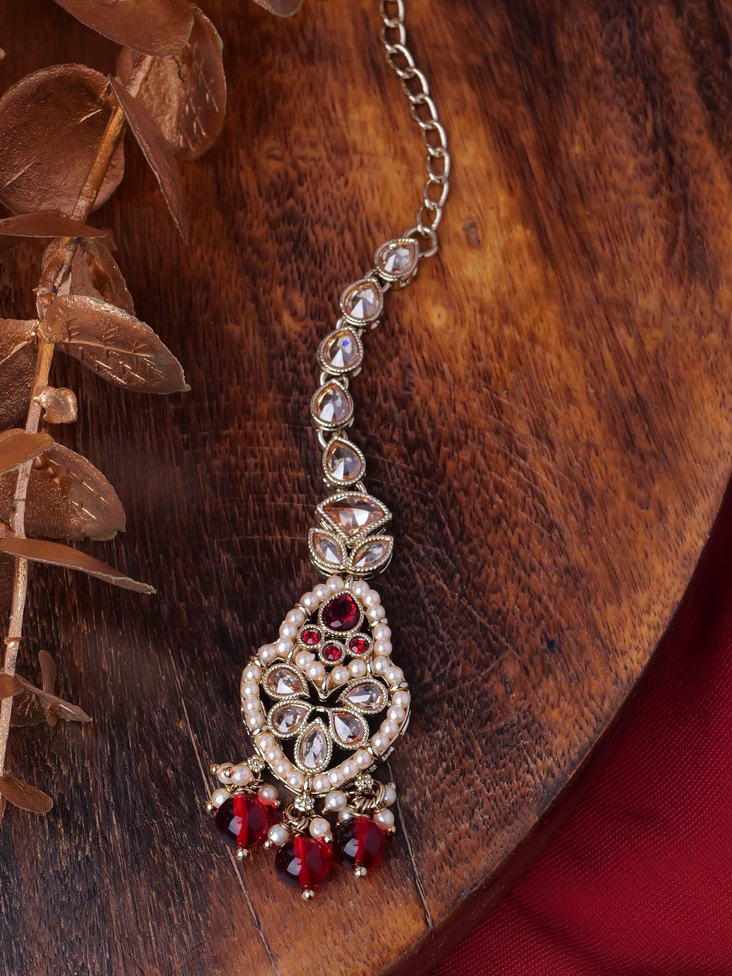 Shalina Pearl Maang Tikka in Maroon