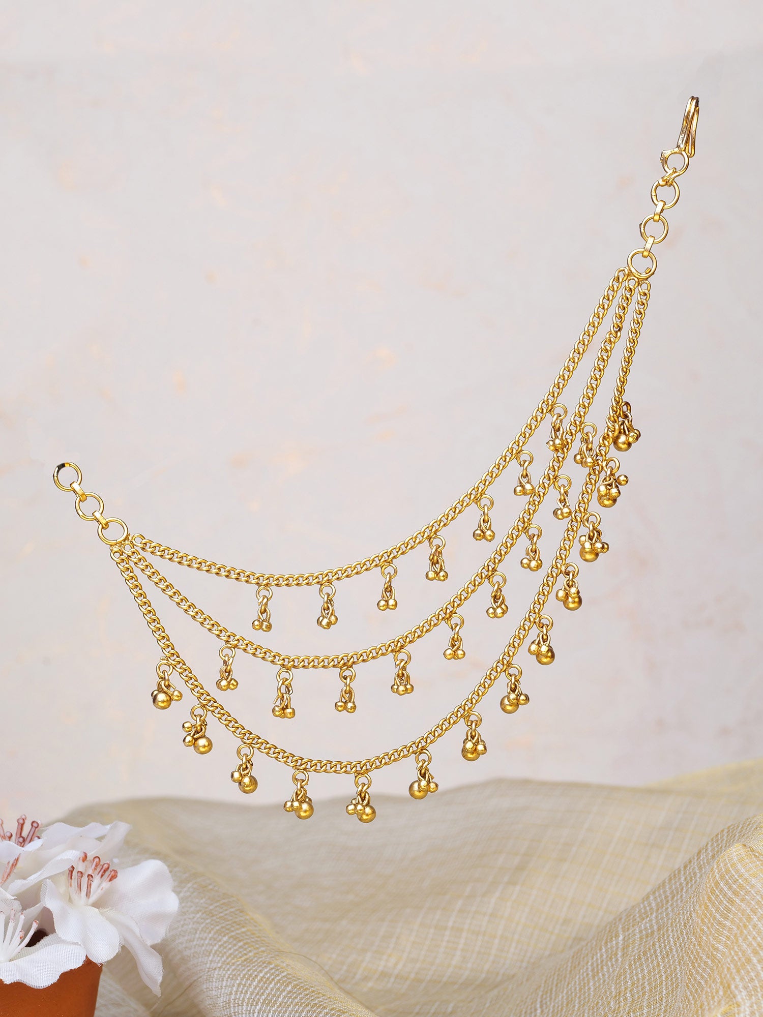 Sharini Layered Ear Chains in Gold Ghungroo