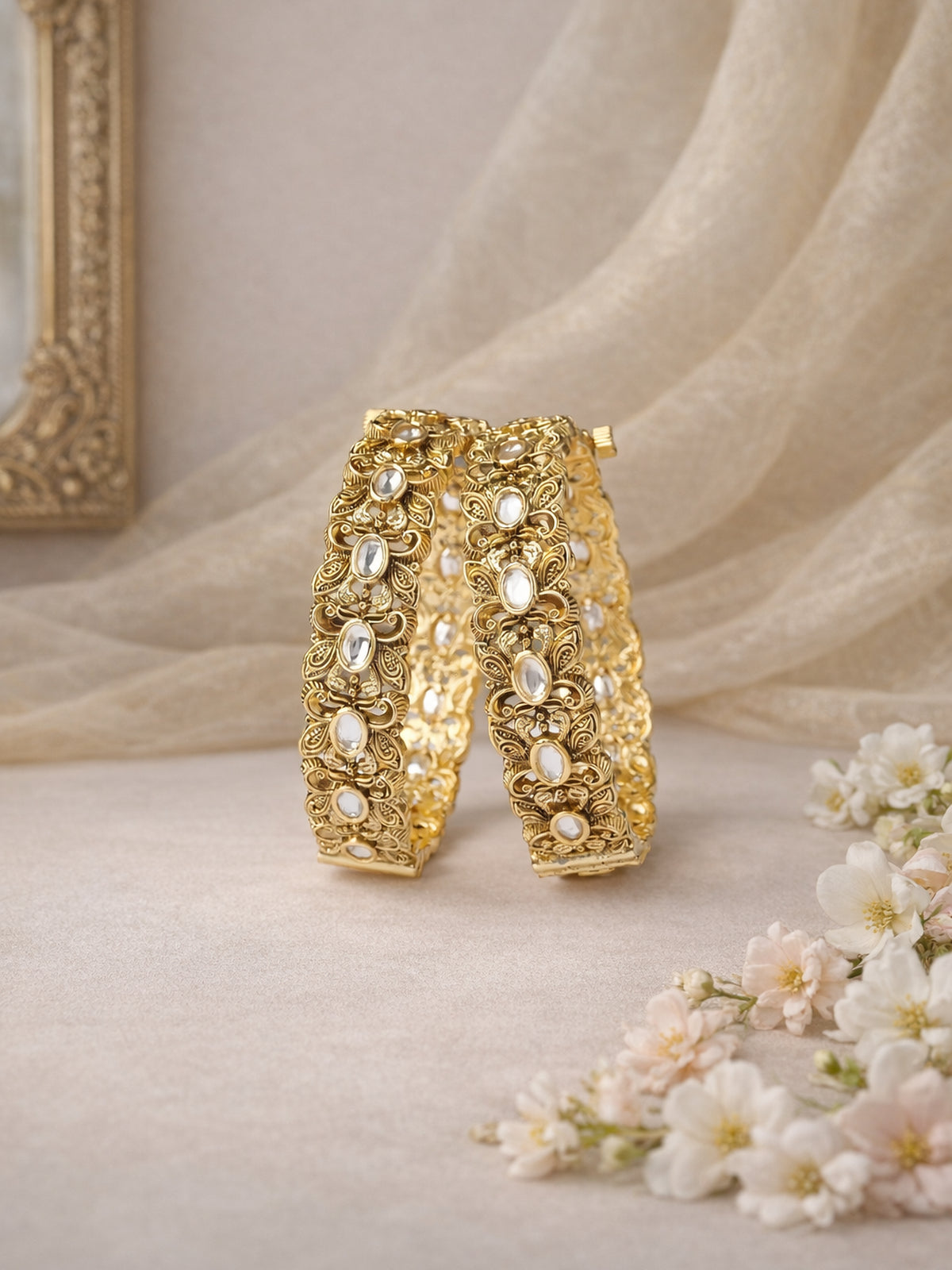 Sharmila Kundan Kada Bangles in White 
