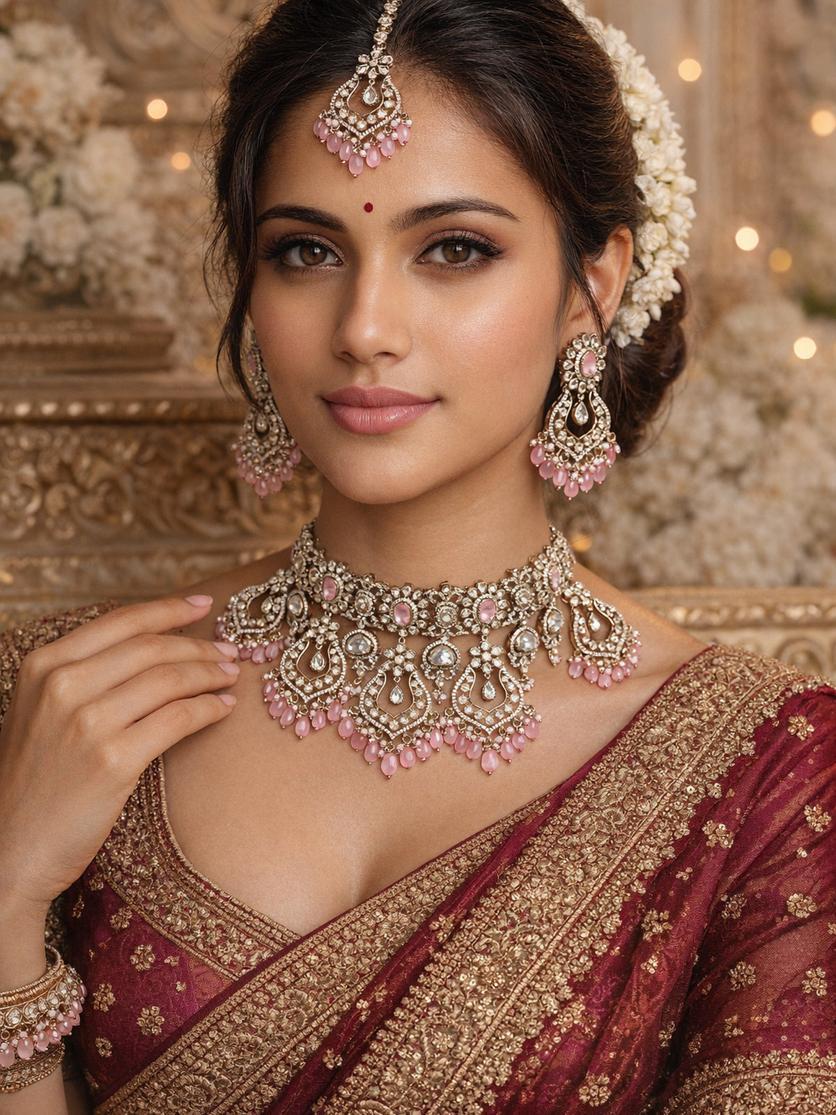 Shehnaz Bridal Necklace Set in Pink and Antique Gold 