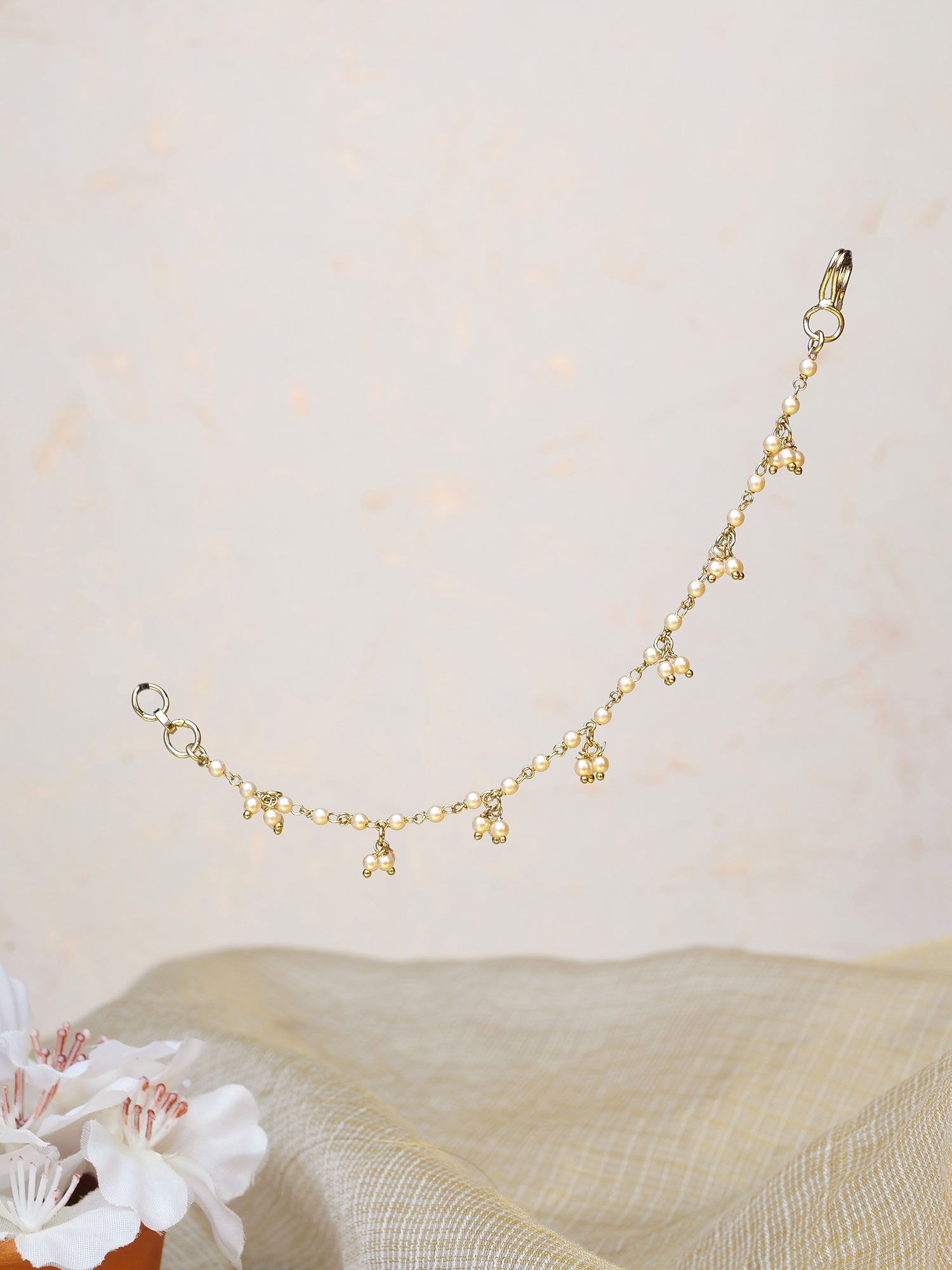 Single Line Pearl Ghungroo Ear Chains in Cream