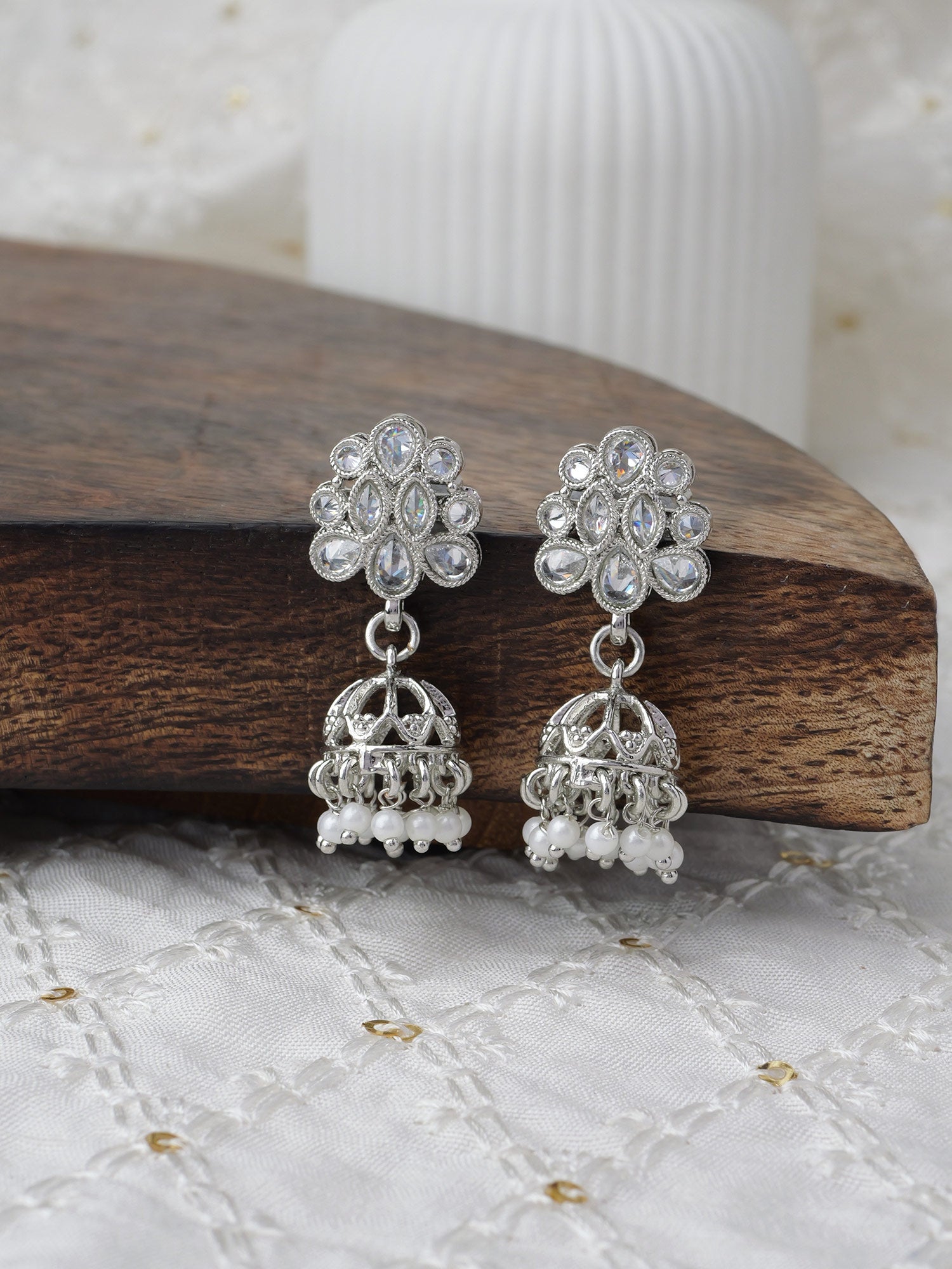 Sitara Jhumka Earrings in Rhodium
