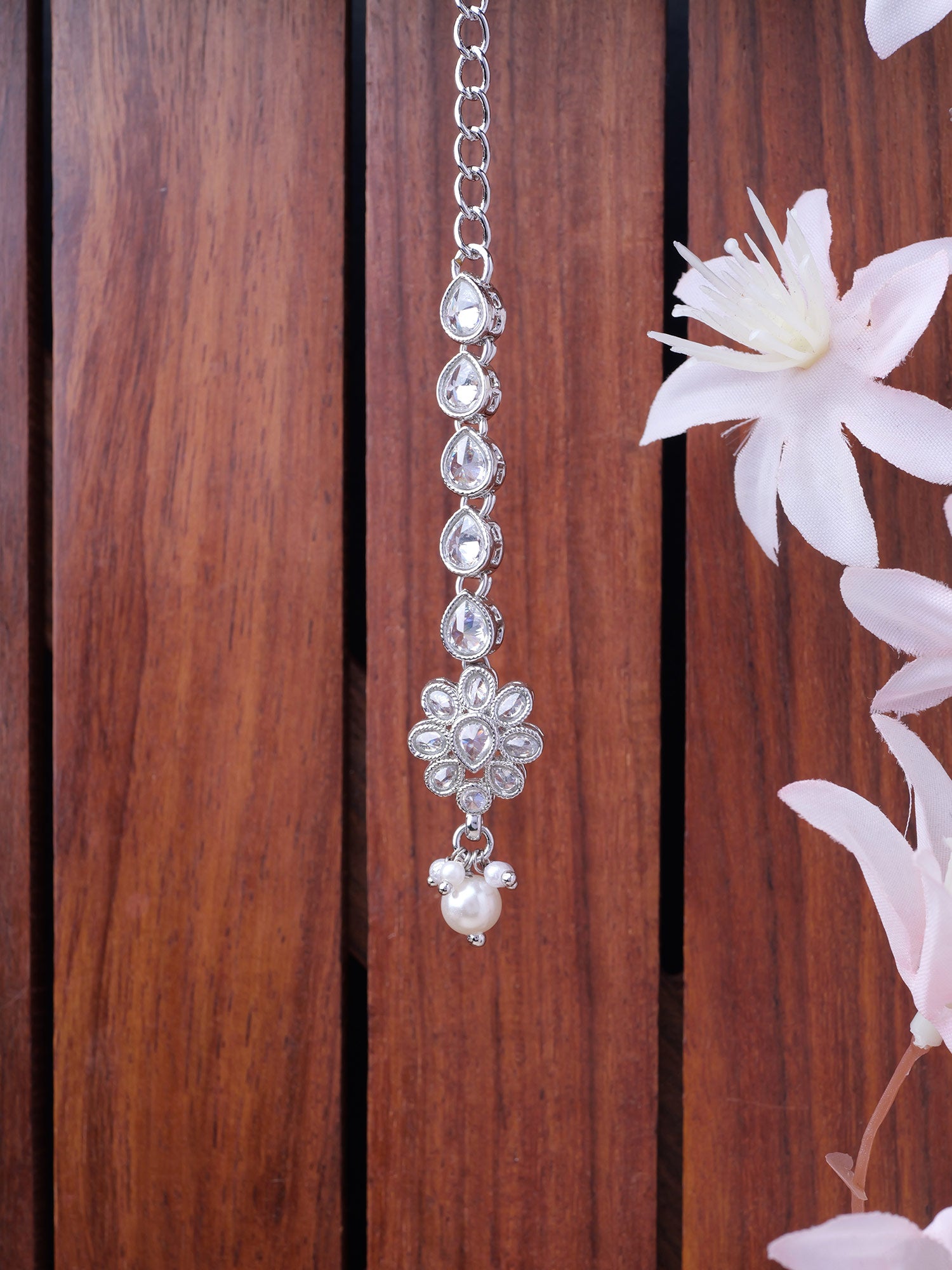 Small Floral Maang Tikka in Rhodium