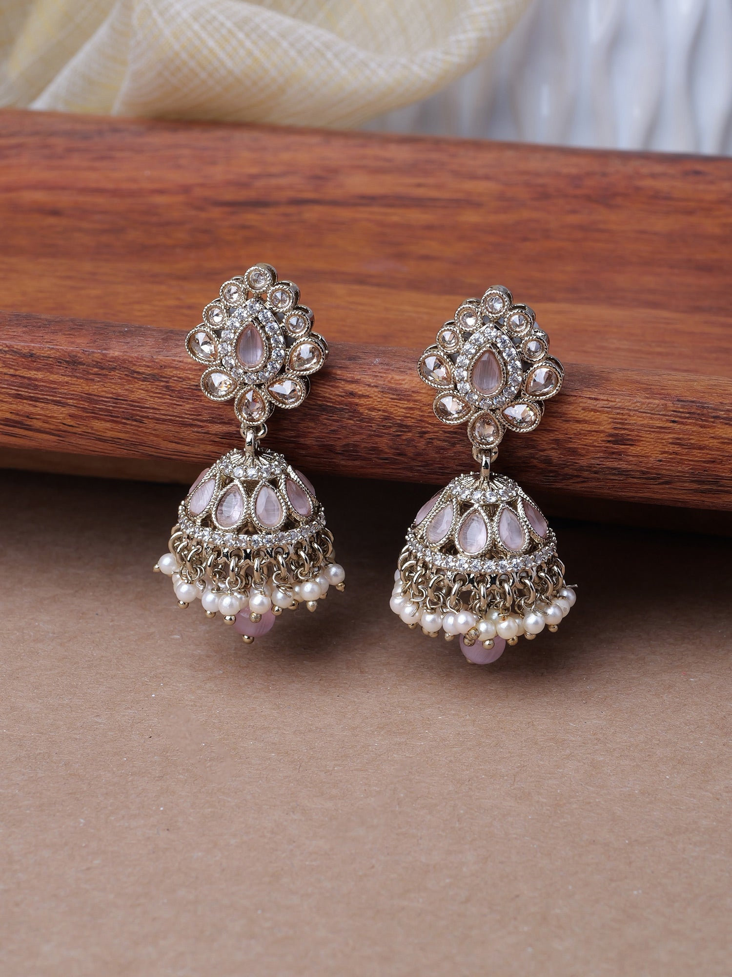 Sonal Pearl Jhumka Earrings in Light Pink