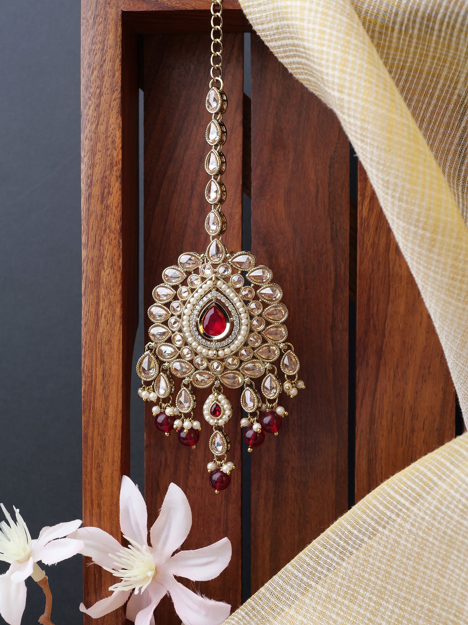 Sonam Maang Tikka in Maroon and Pearl