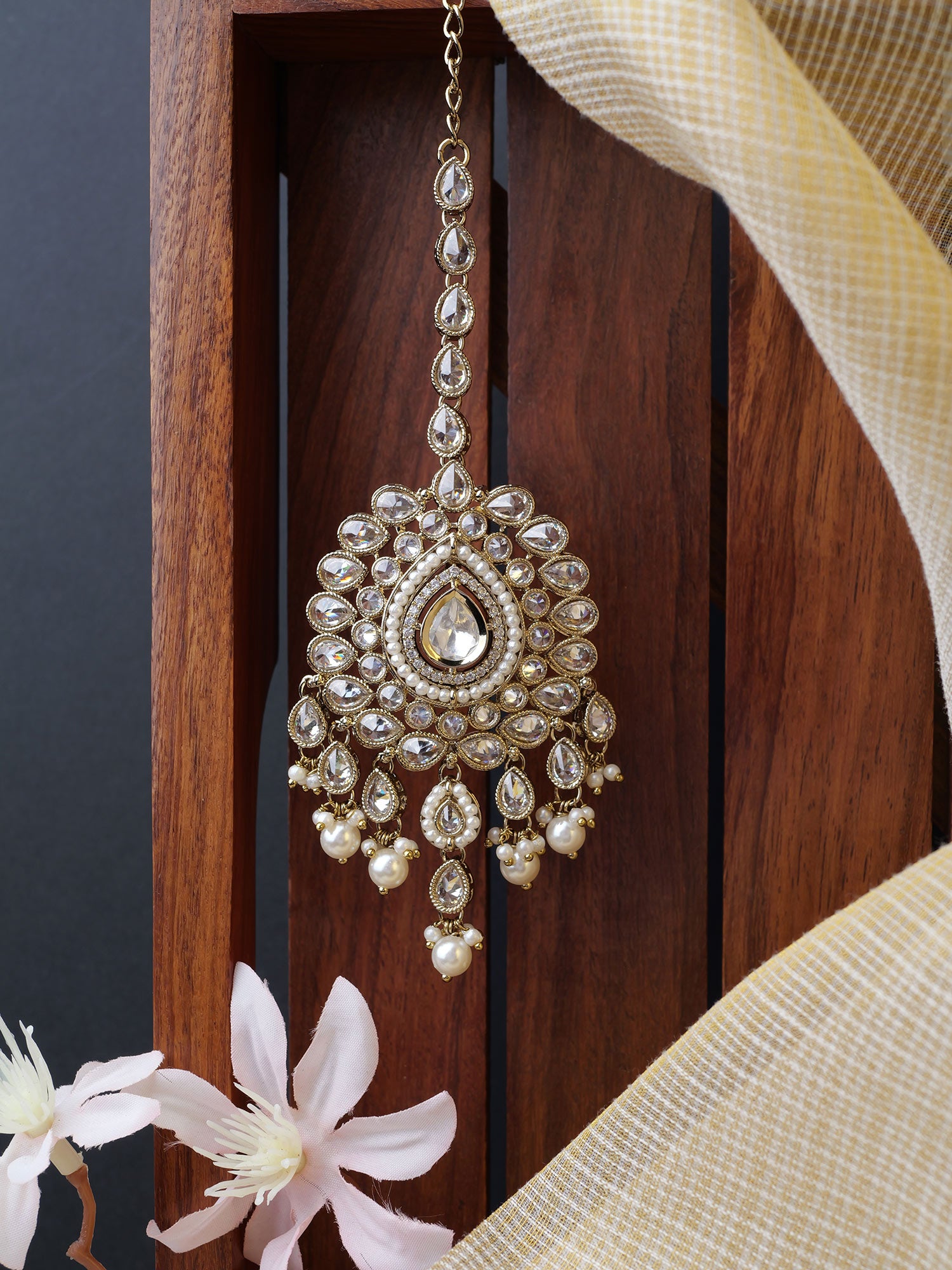 Sonam Maang Tikka in White and Pearl