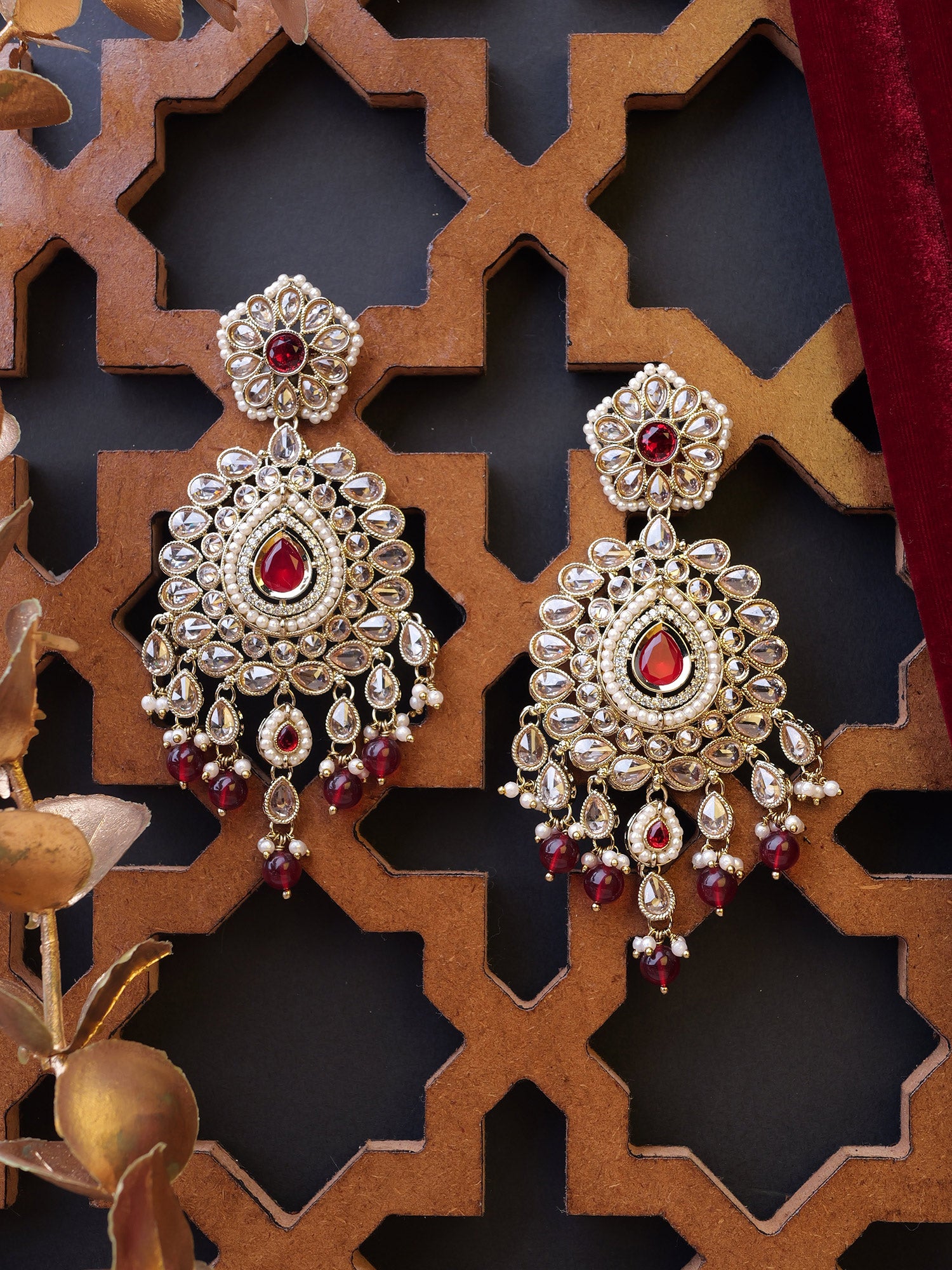 Sonam Statement Earrings in Maroon and Pearl