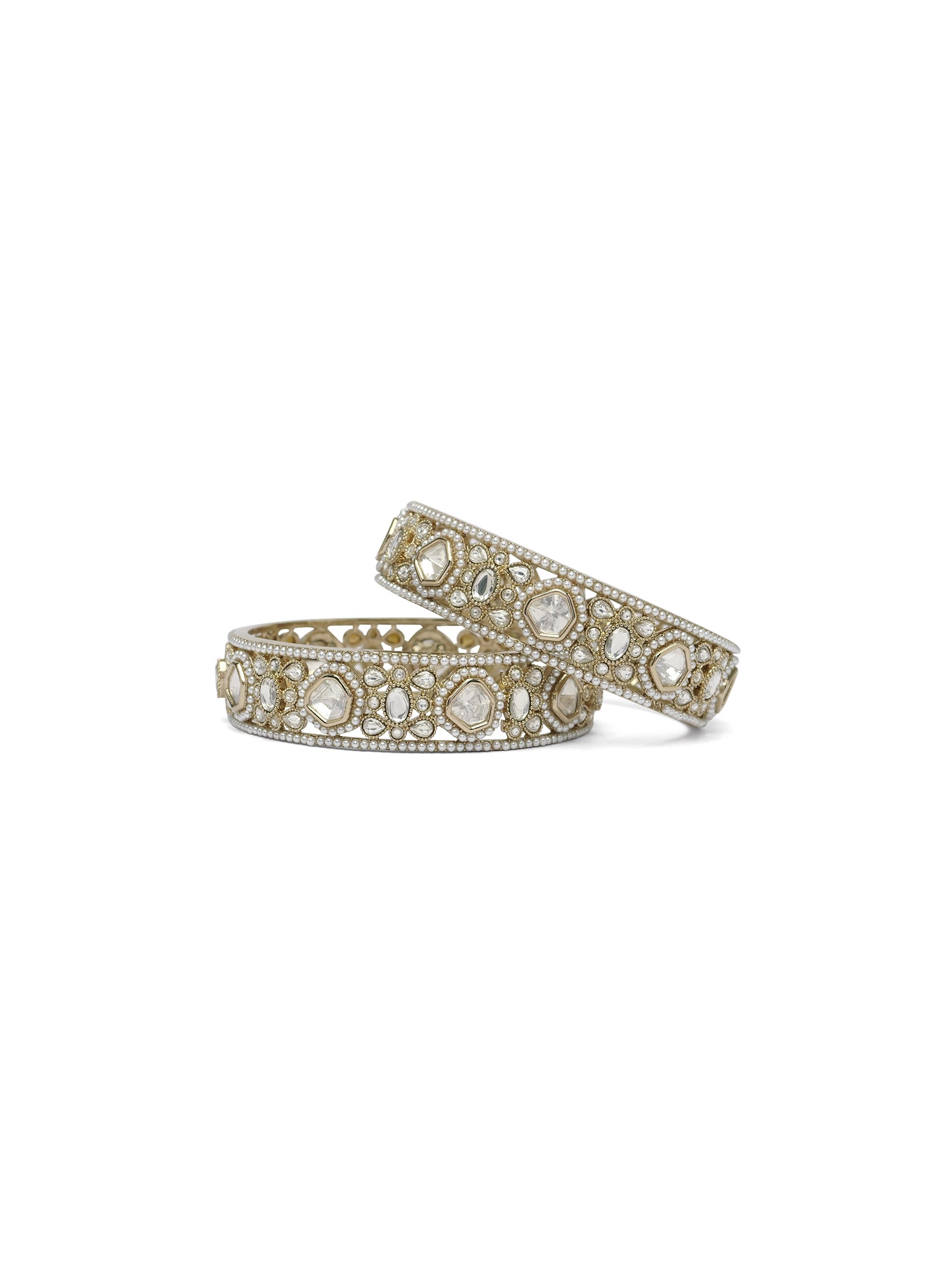 Suhaag Kundan Pearl Bangles in White