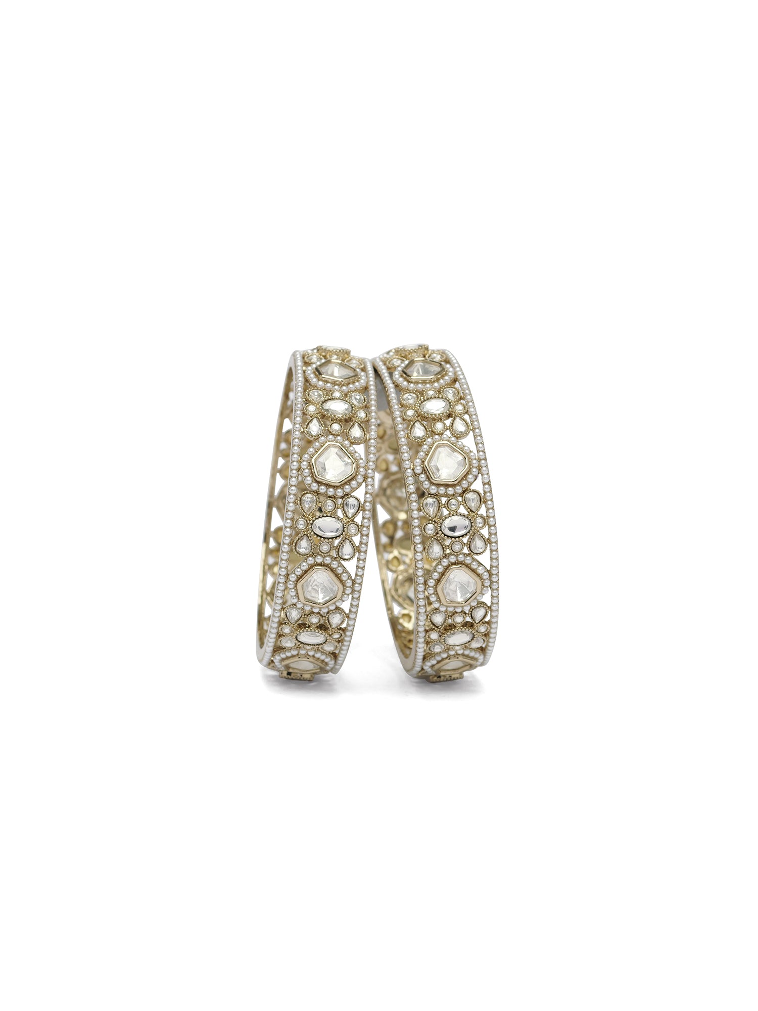 Suhaag Kundan Pearl Bangles in White