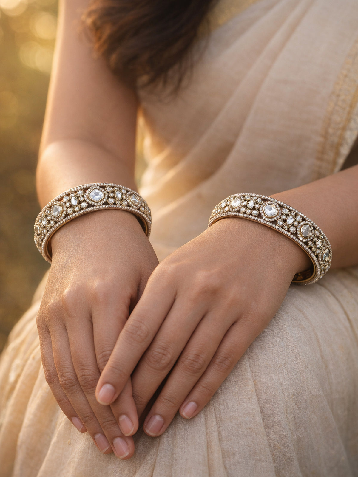 Suhaag Kundan Pearl Bangles in White 