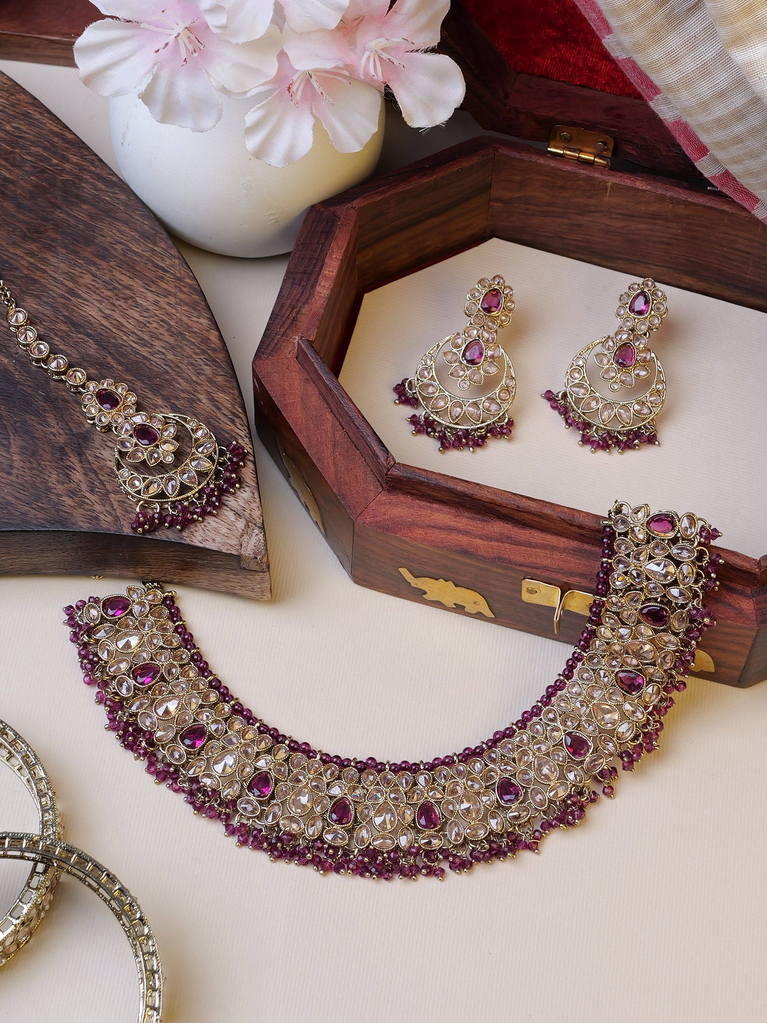 Sukhmani Cluster Necklace Set in Purple