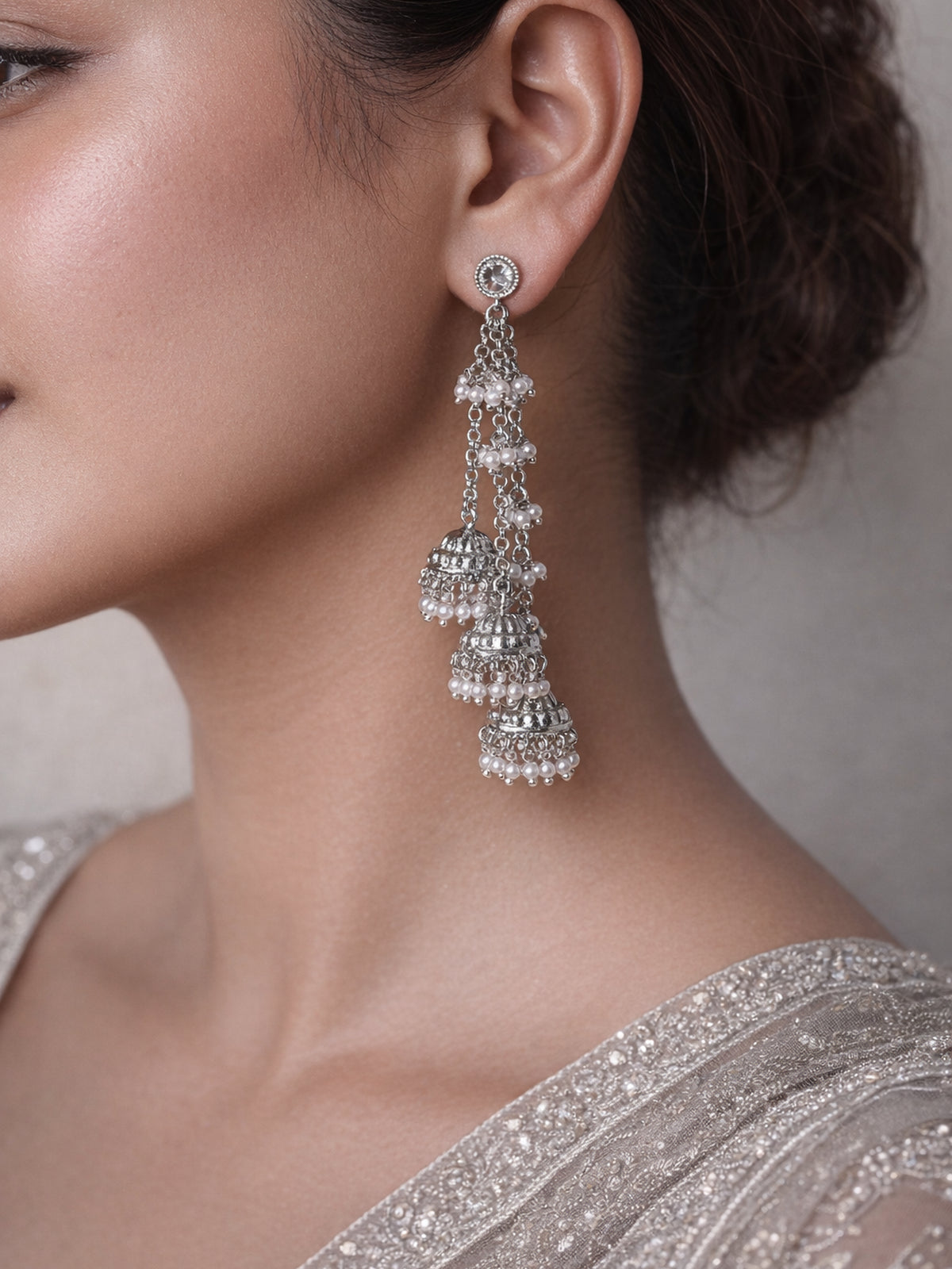 Sunaina Jhumka Earrings in Rhodium 