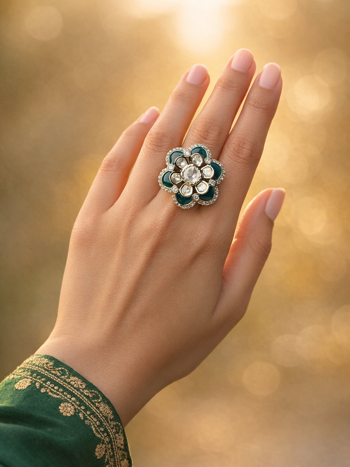 Surangi Kundan Ring in Green