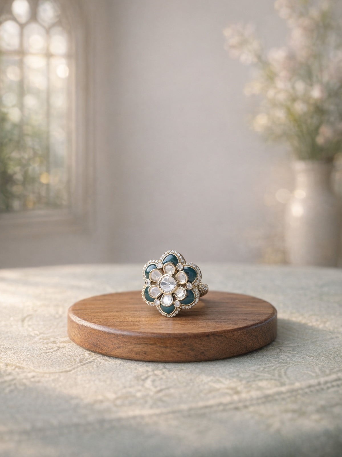 Surangi Kundan Ring in Green 