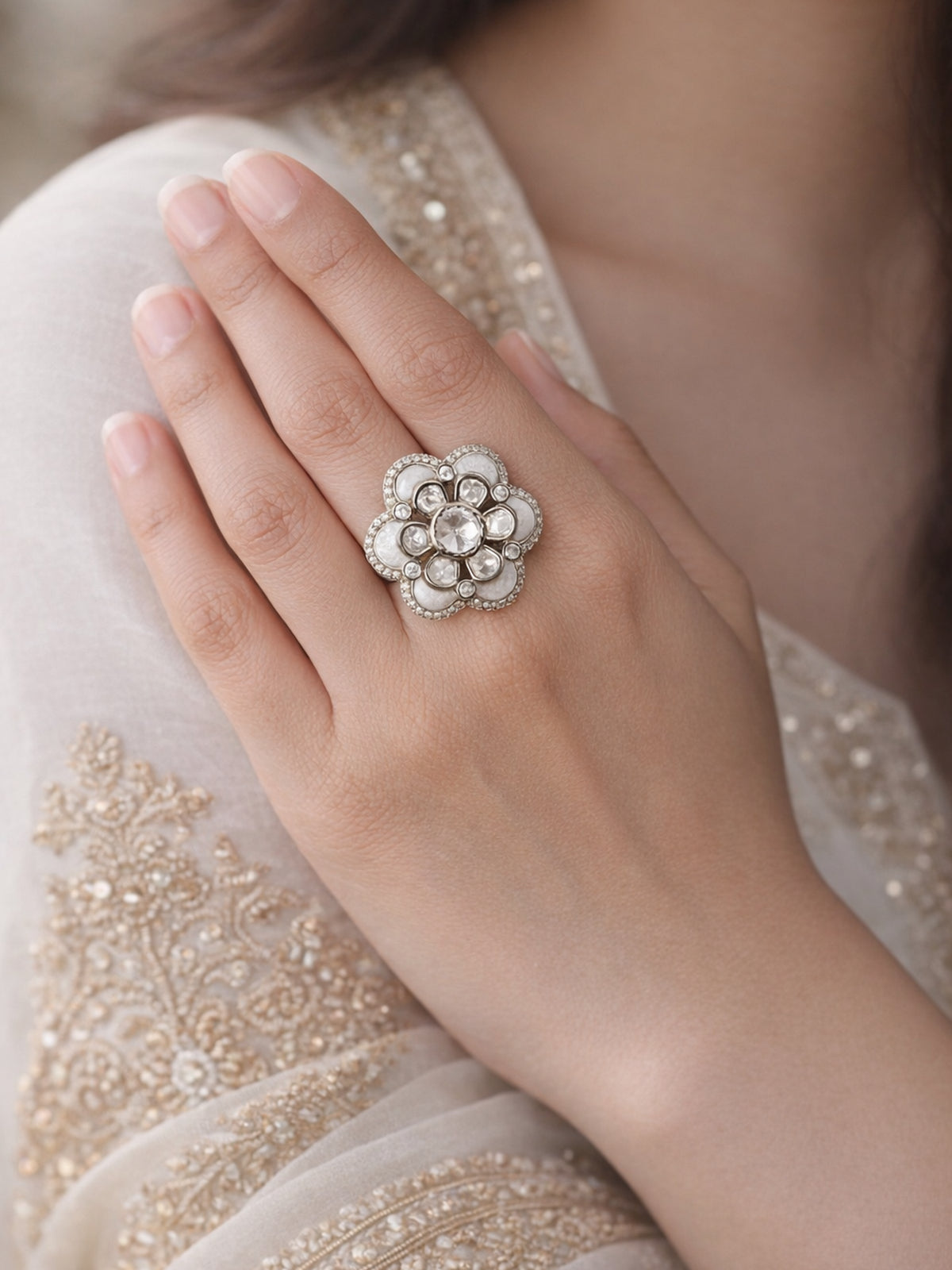 Surangi Kundan Ring in White 