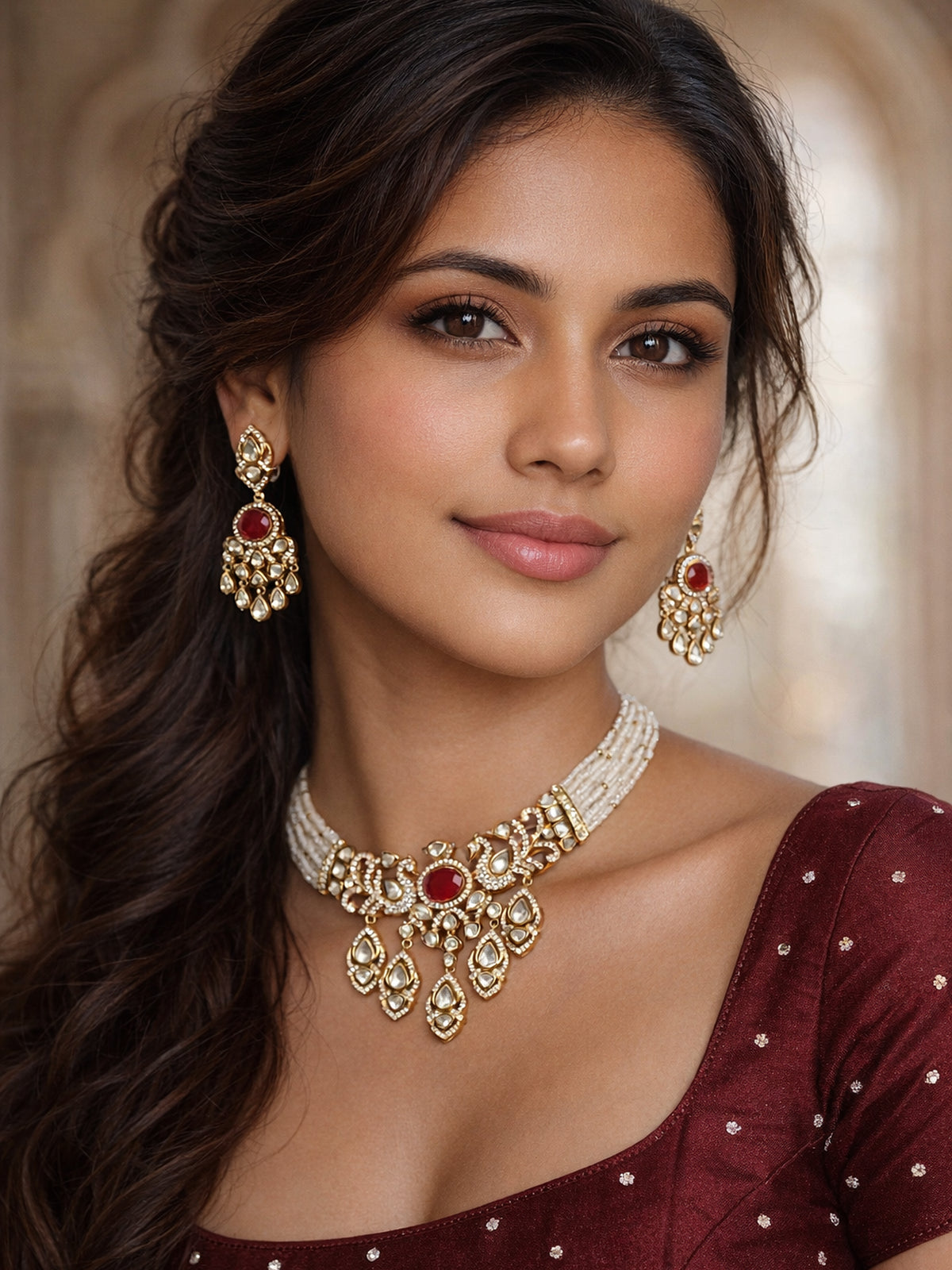 Swarna Kundan Choker Set in Ruby 