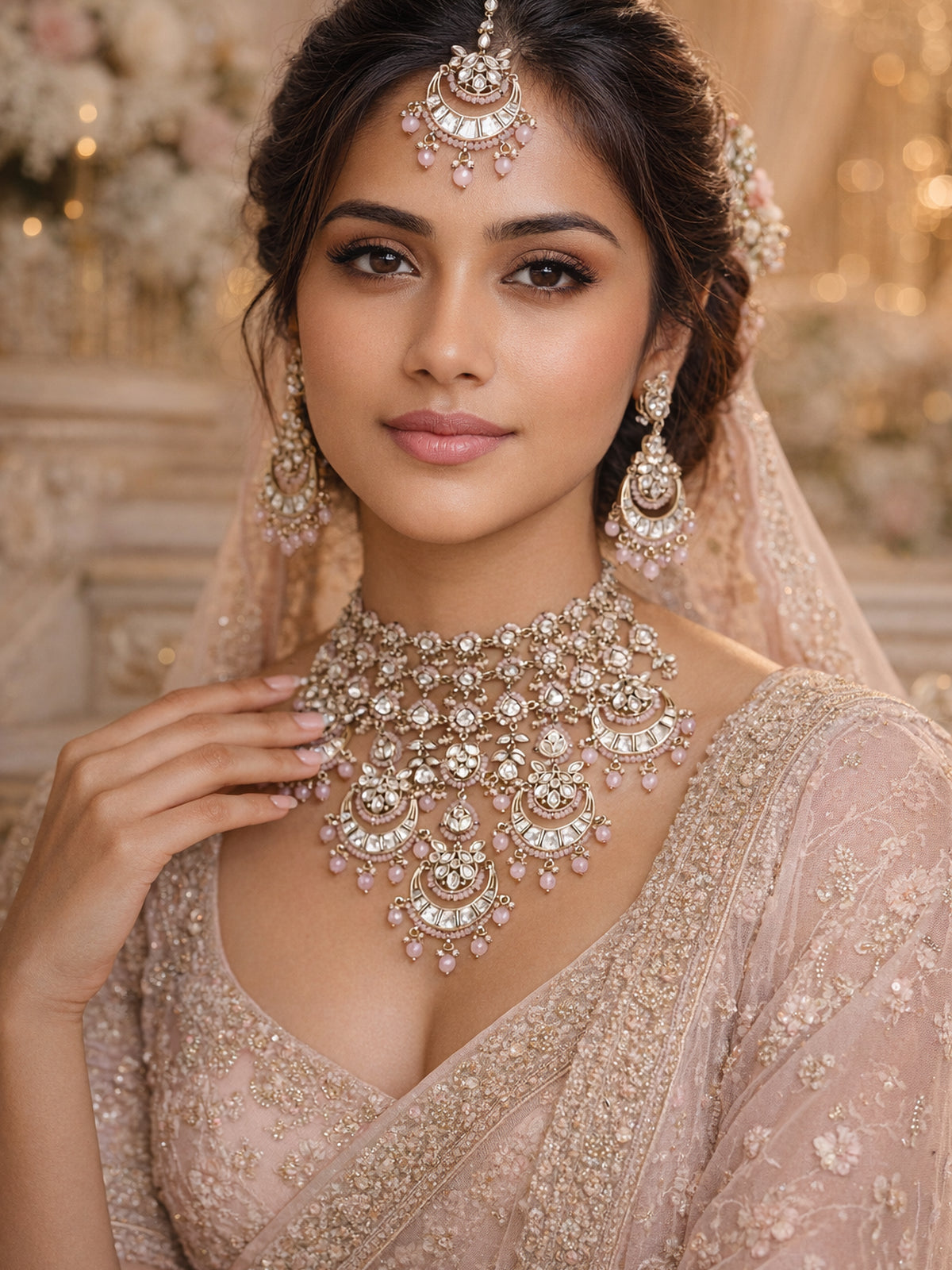 Taj Bridal Kundan Necklace Set in Light Pink 