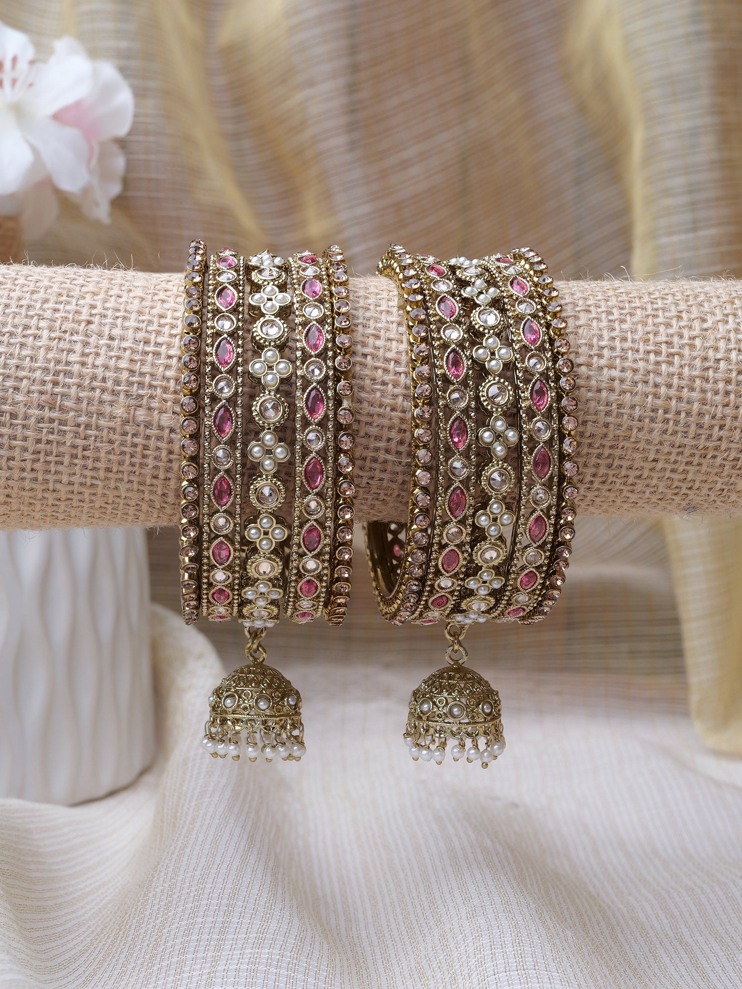 Tanira Jhumka Bangle Set in Hot Pink