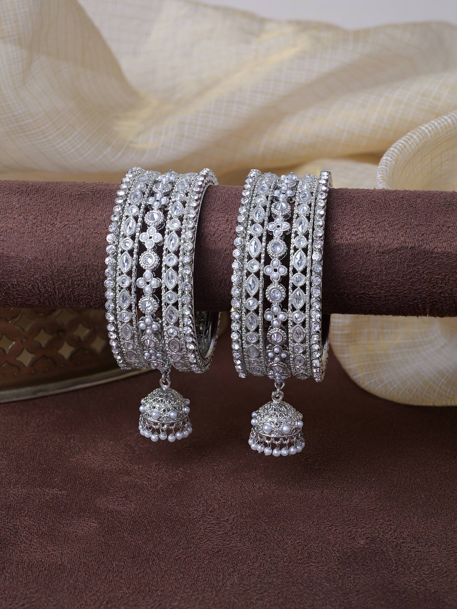 Tanira Jhumka Bangle Set in Rhodium