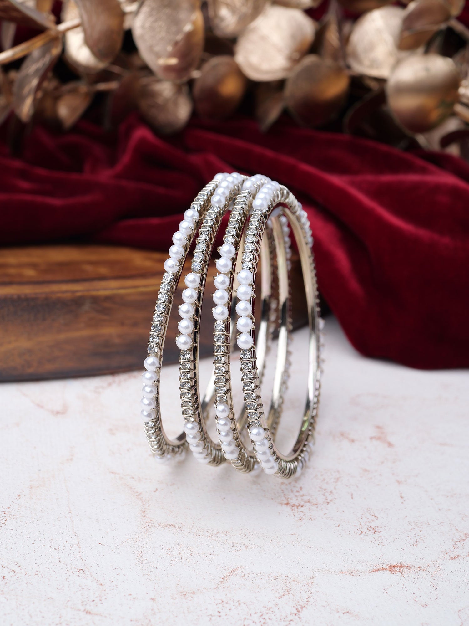 Tarana Diamante Pearl Bangles in White