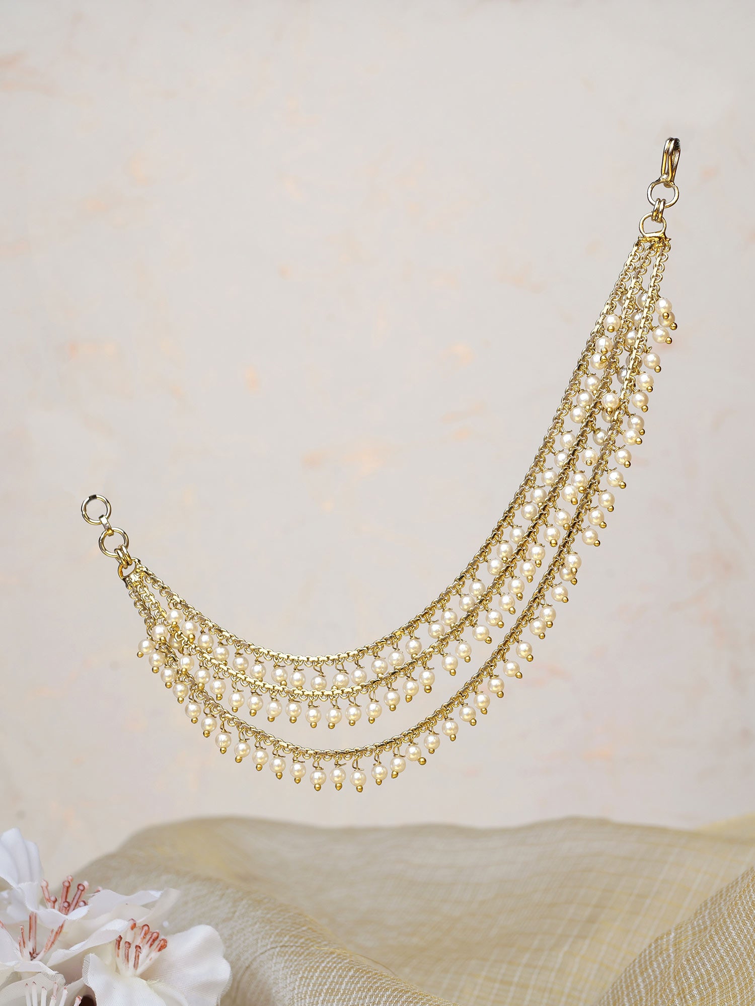 Triple Pearl Drop Ear Chains in White