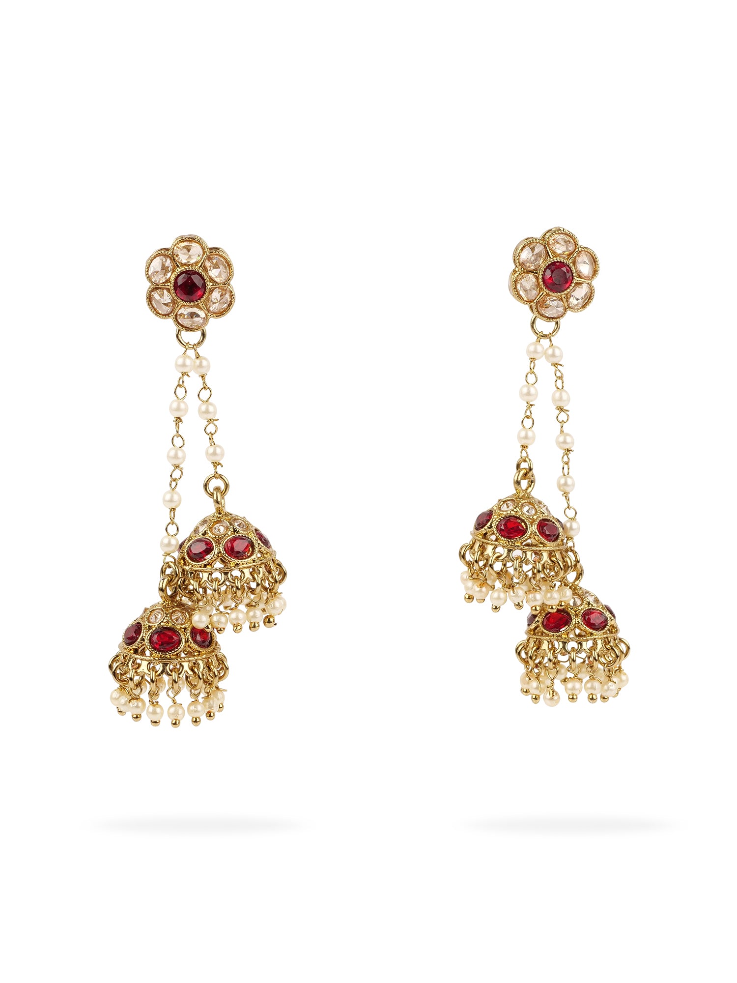 Valli Double Jhumka Drop Earrings in Maroon