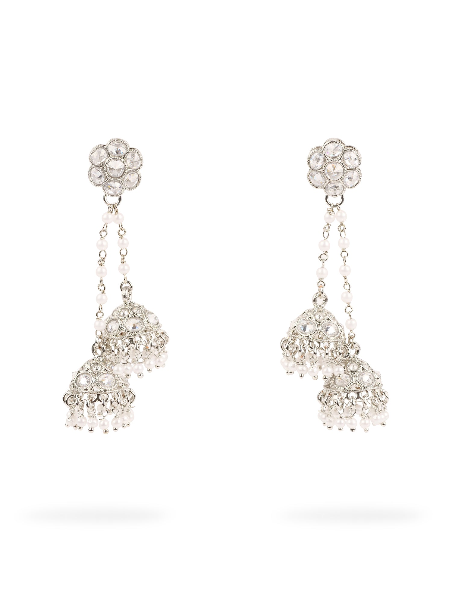 Valli Double Jhumka Drop Earrings in White