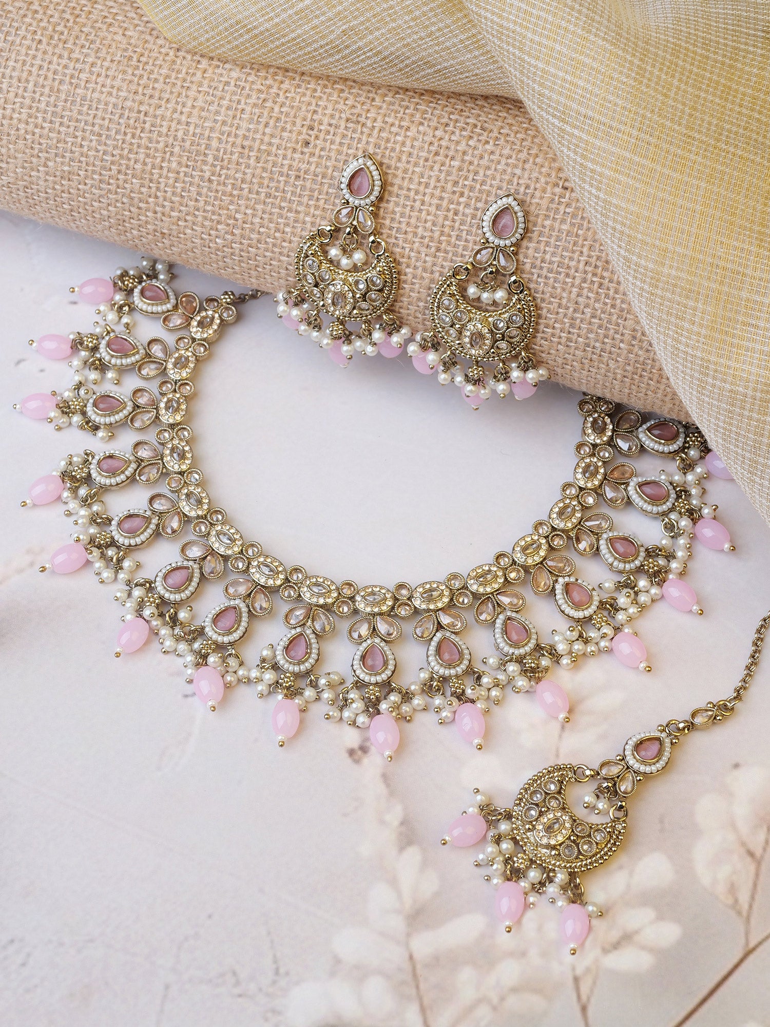 Vedika Pearl Necklace Set in Light Pink