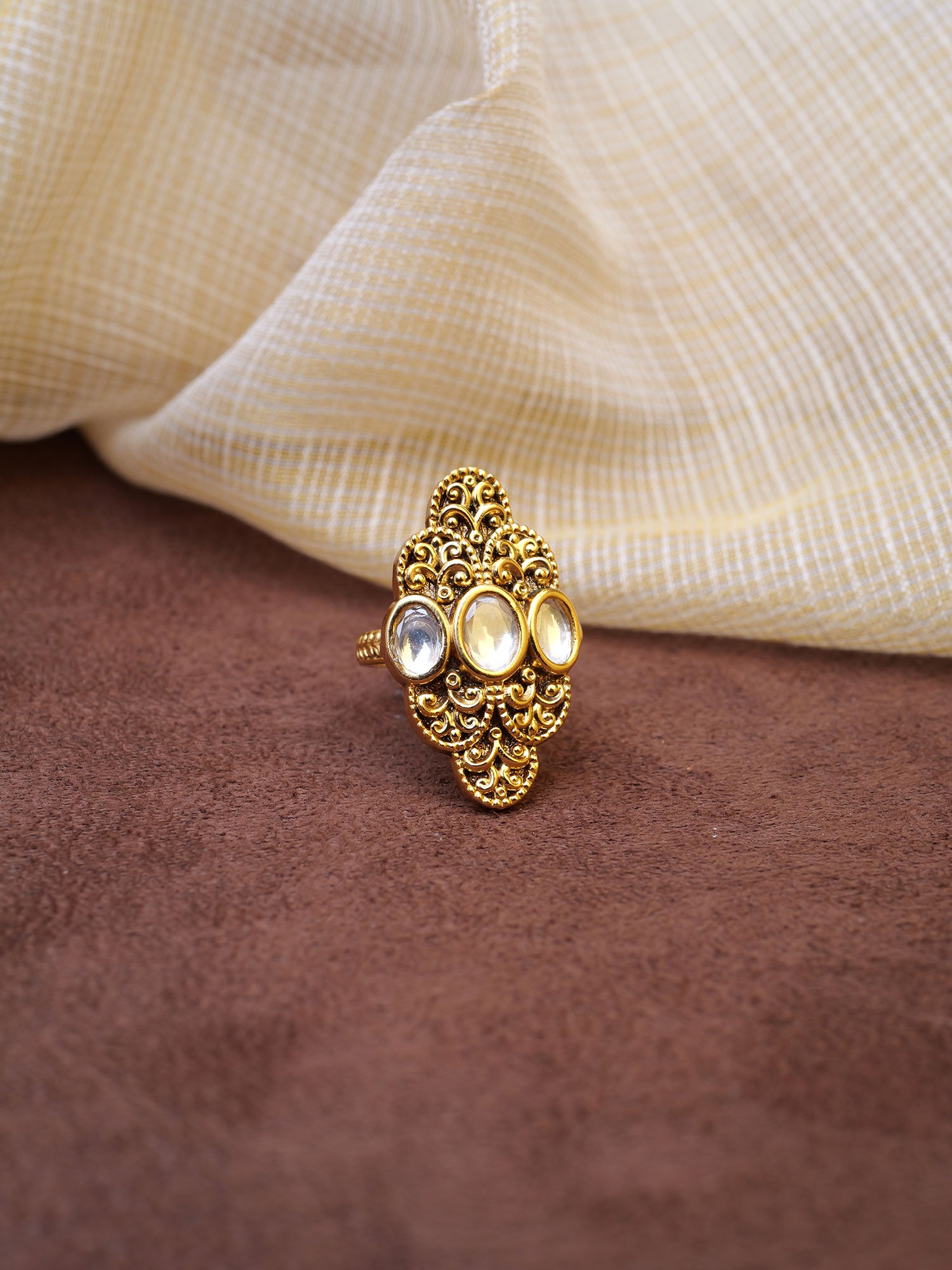 Vidhi Kundan Ring in White and Gold Oxidised
