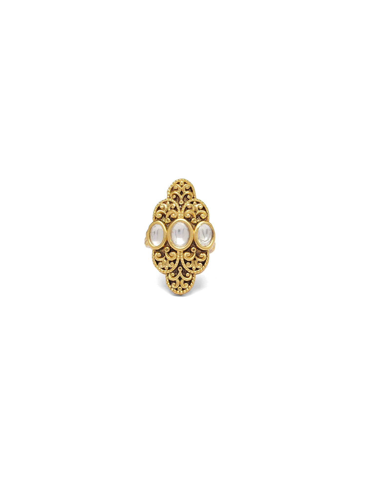 Vidhi Kundan Ring in White and Gold Oxidised
