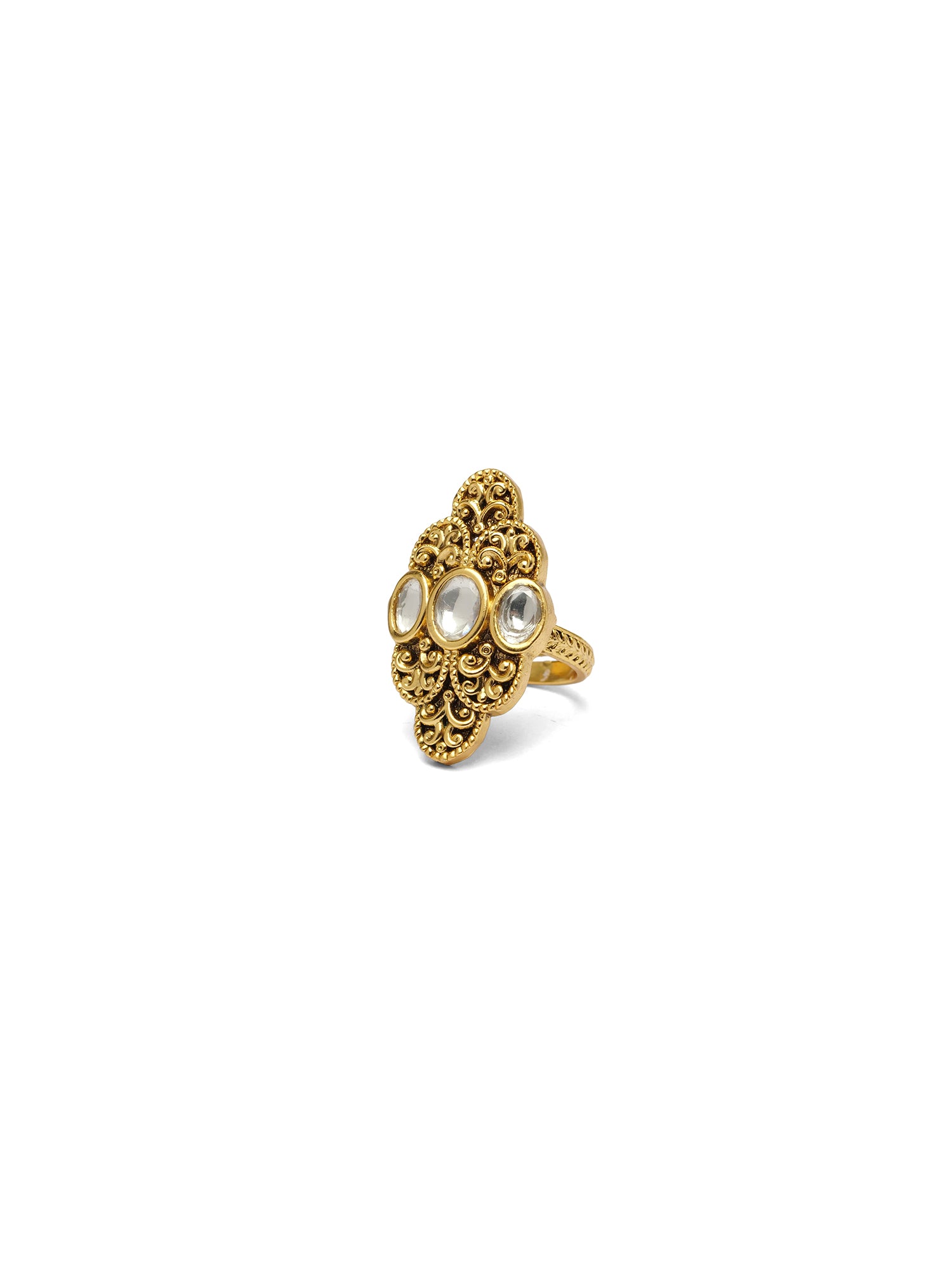 Vidhi Kundan Ring in White and Gold Oxidised