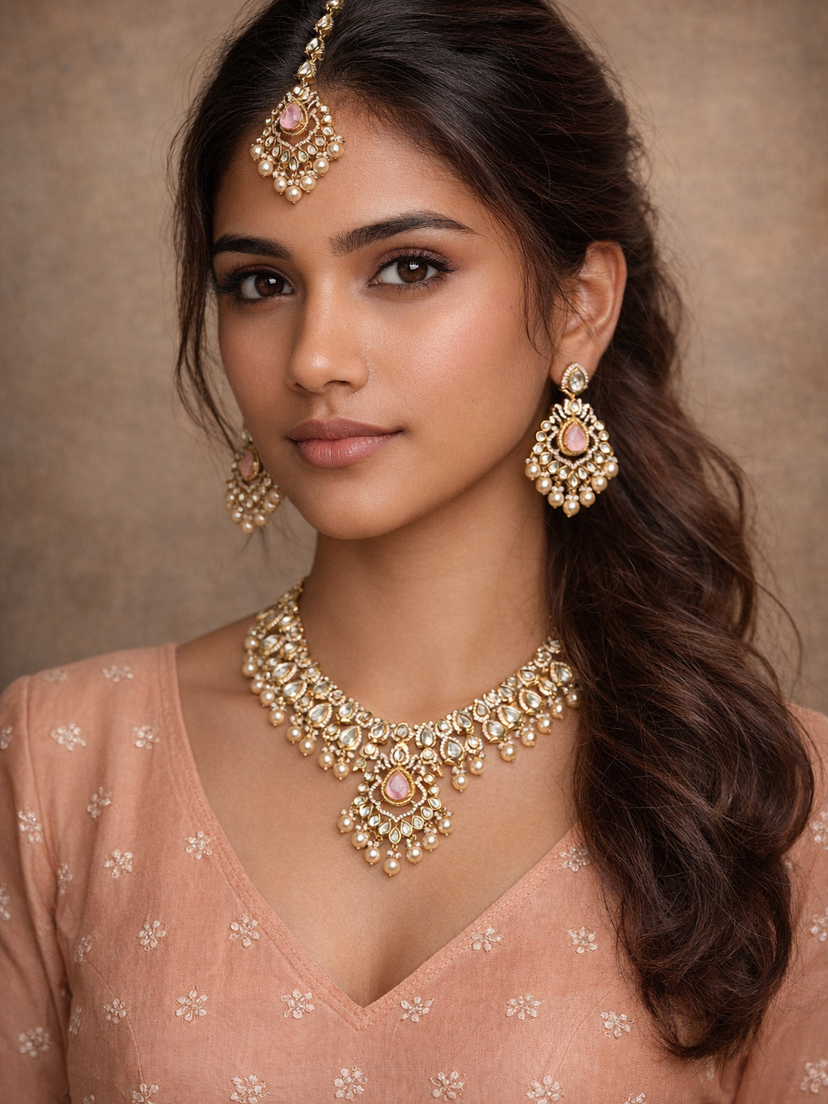 Virasat Kundan Necklace Set in Pink 
