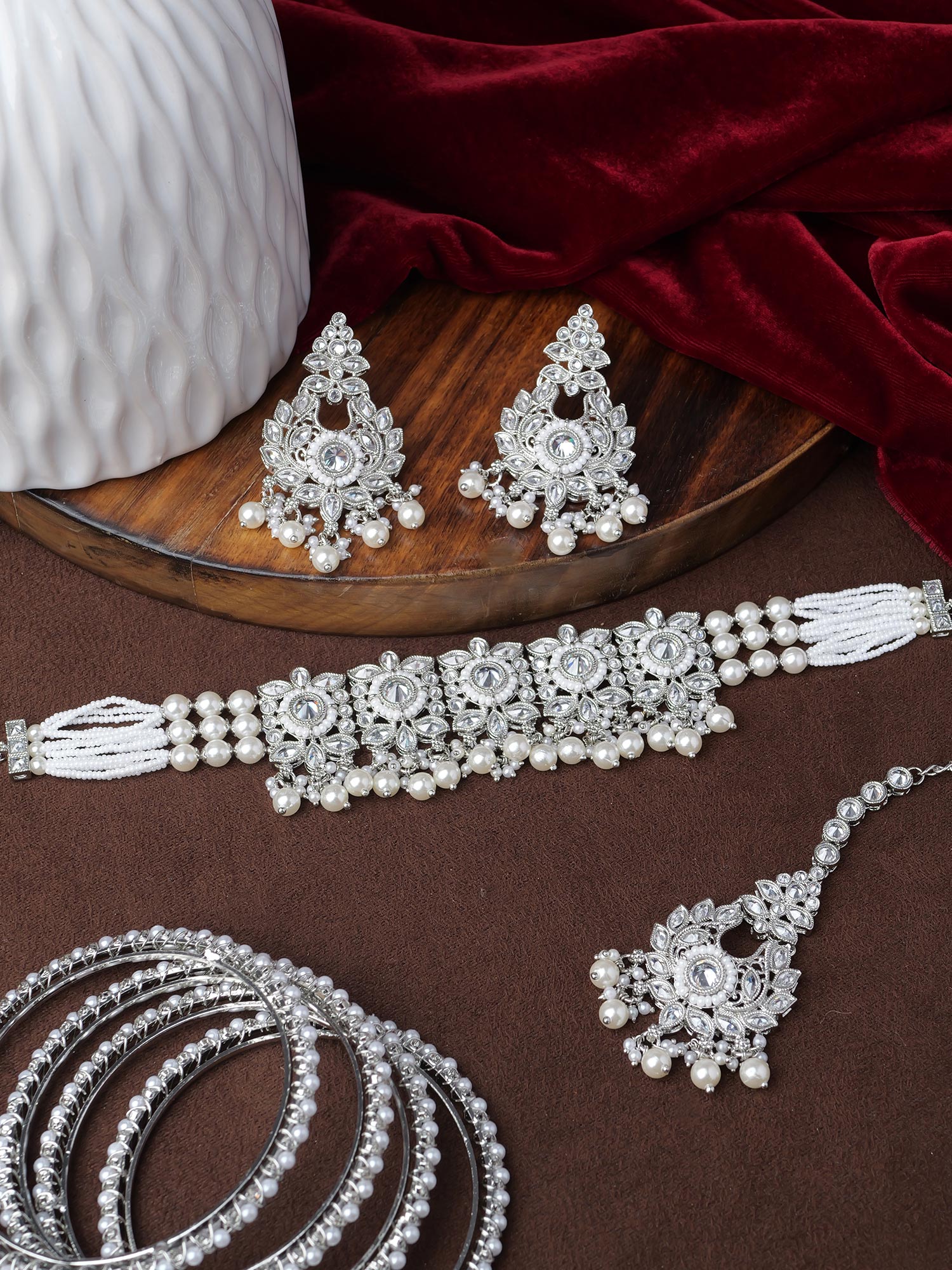 Yamini Choker Set in Pearl and Rhodium
