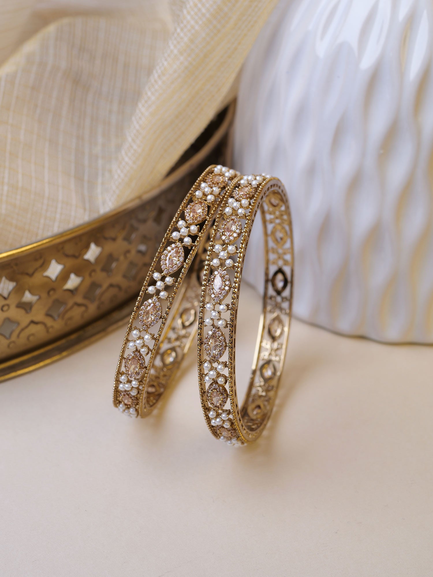 Yara Cubic Zirconia Pearl Bangles in Champagne