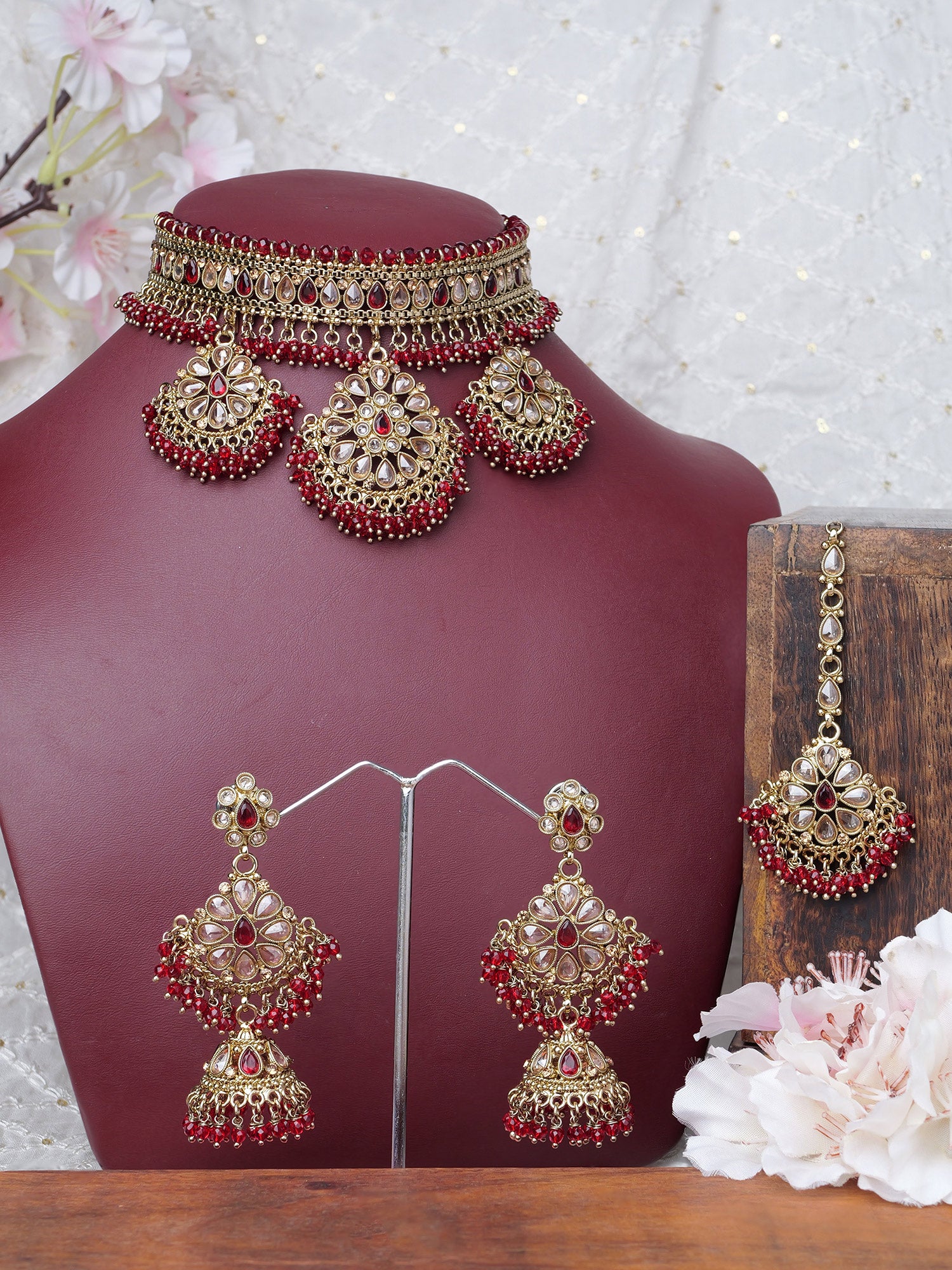 Yashvini Bridal Choker Set in Maroon and Antique Gold