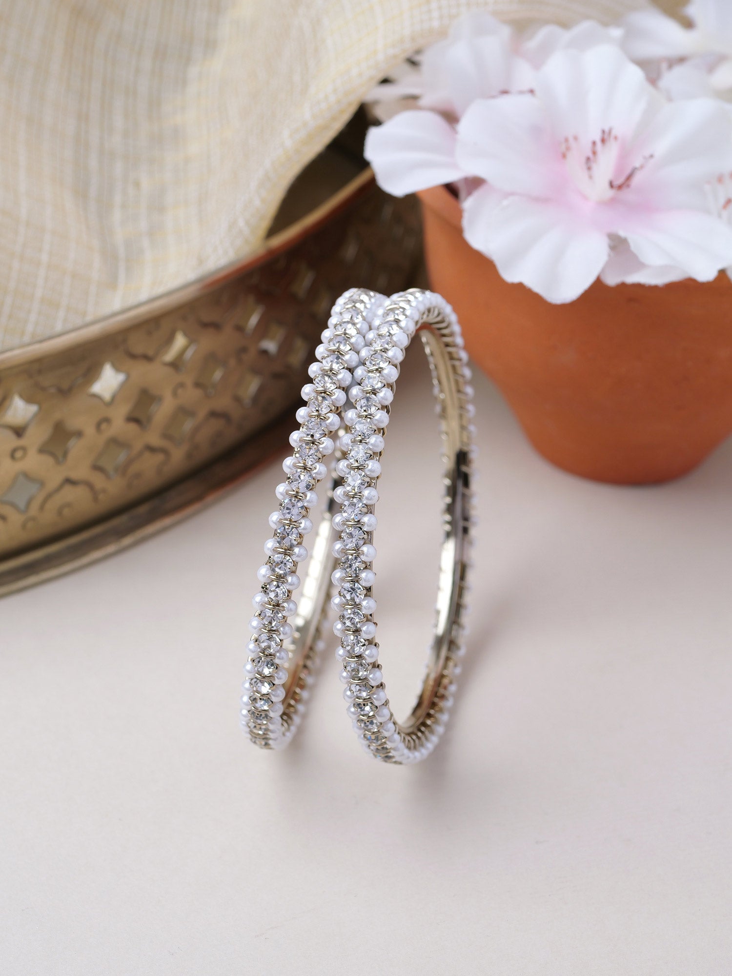 Yuvika Diamante Bangles in Pearl and White
