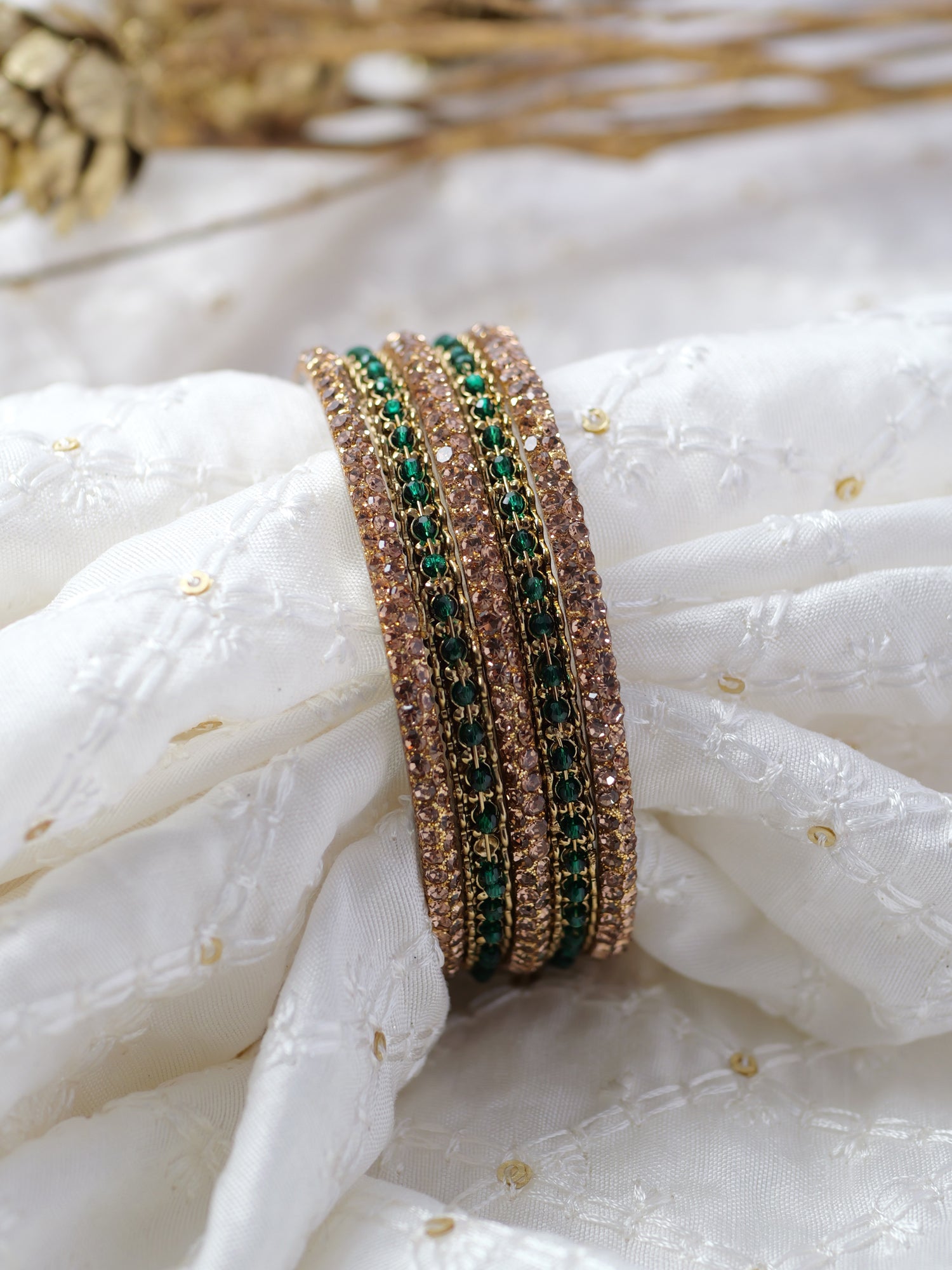 Zaida Bangle Set in Green and Antique Gold