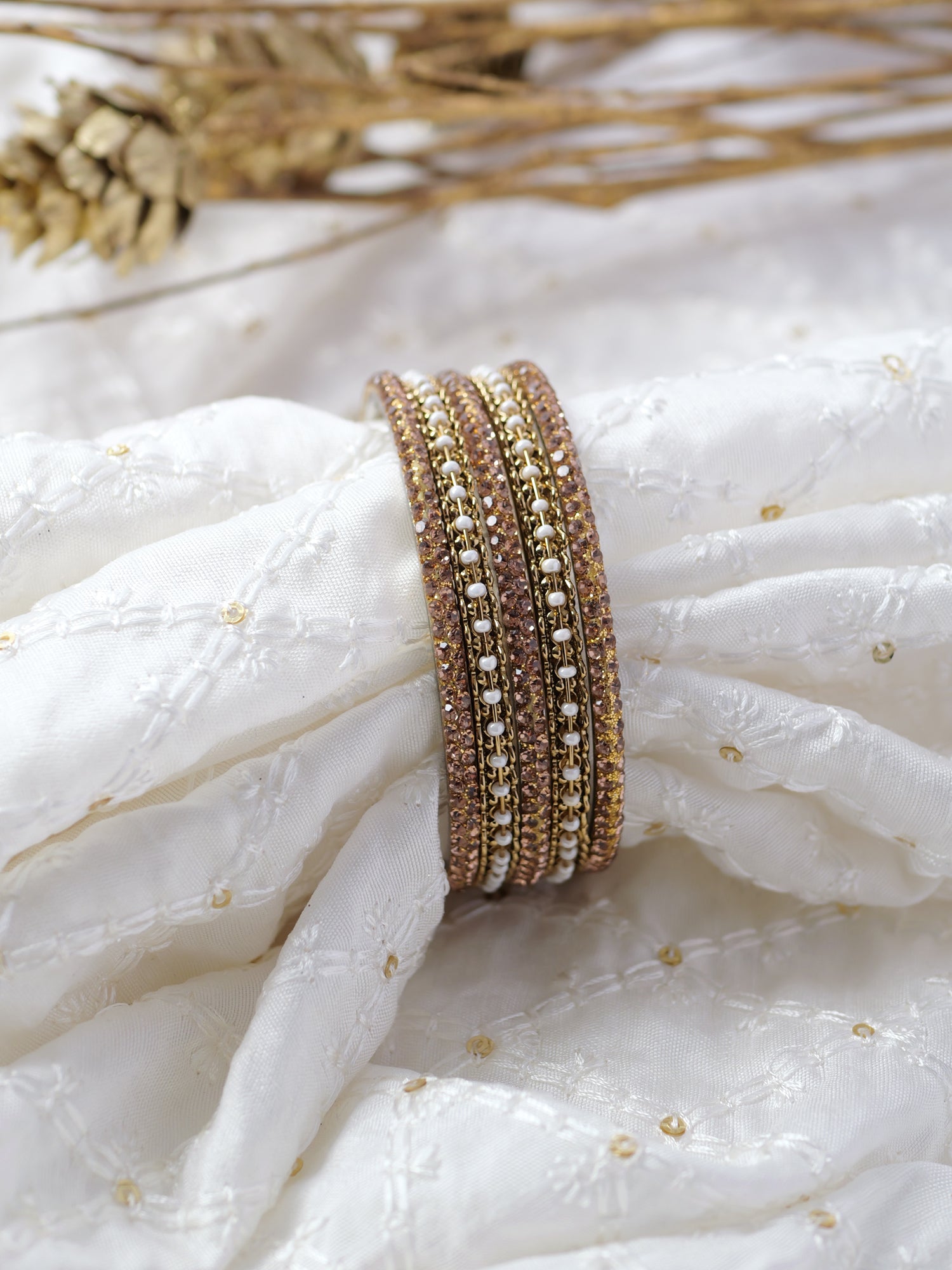 Zaida Bangle Set in Pearl and Antique Gold