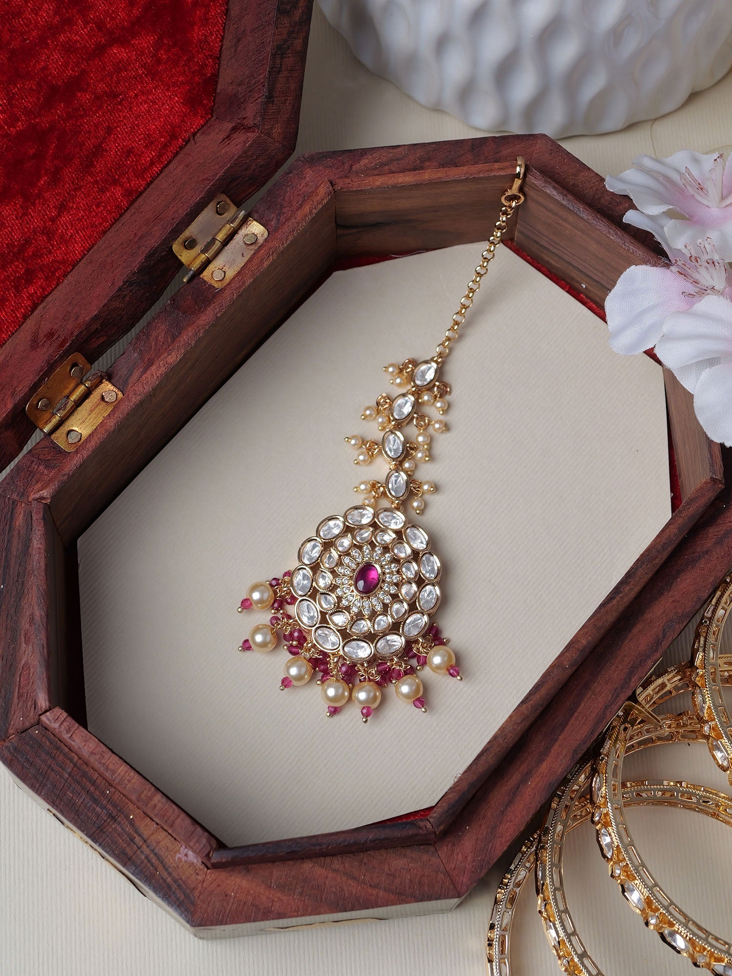 Zenira Kundan Maang Tikka in Hot Pink