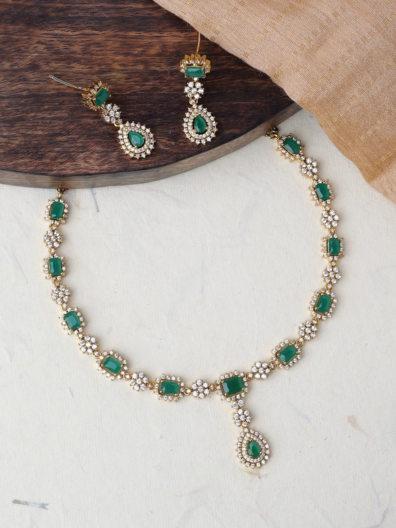 Zia Cubic Zirconia Necklace Set in Green and Gold