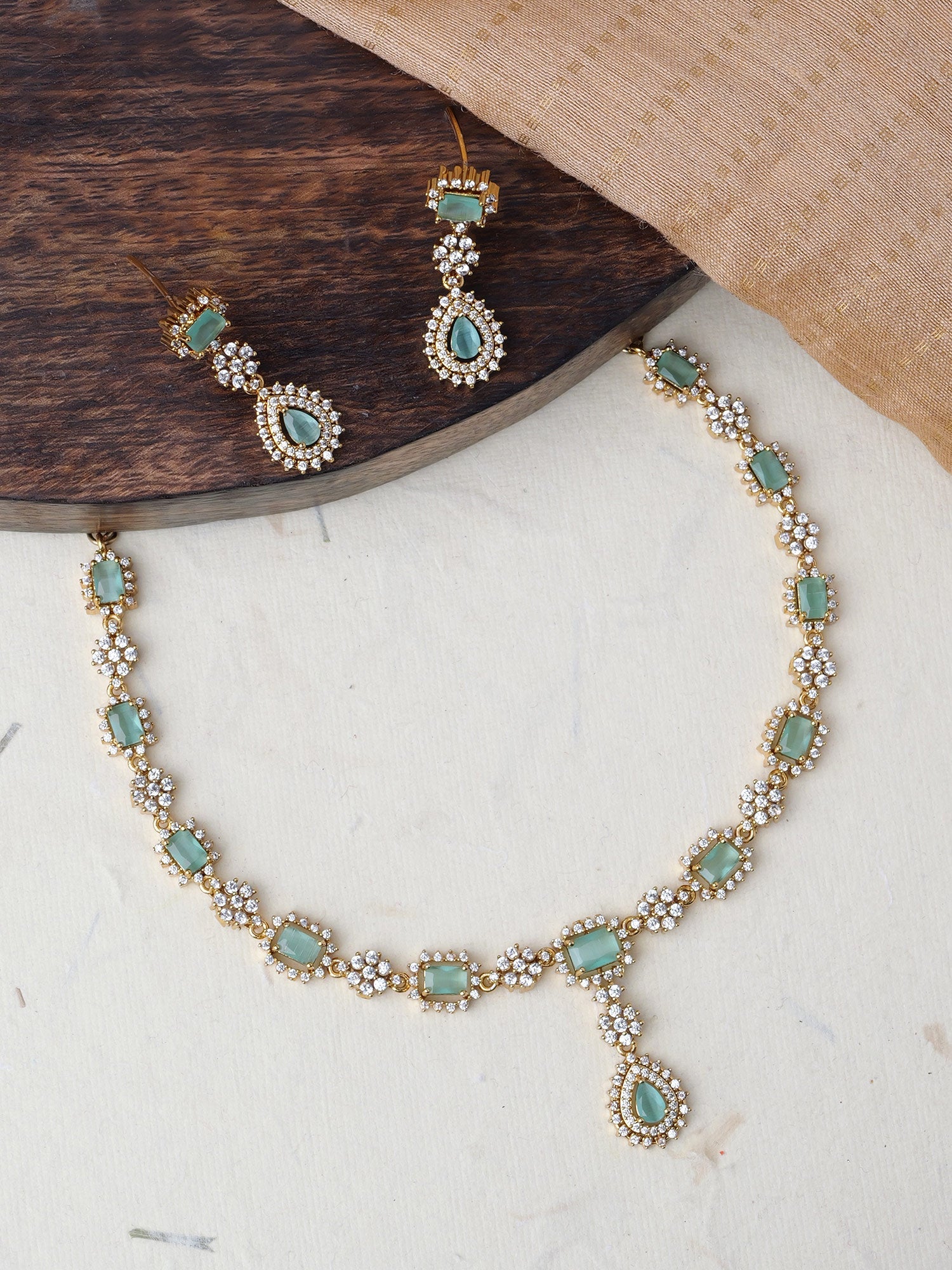 Zia Cubic Zirconia Necklace Set in Mint and Gold