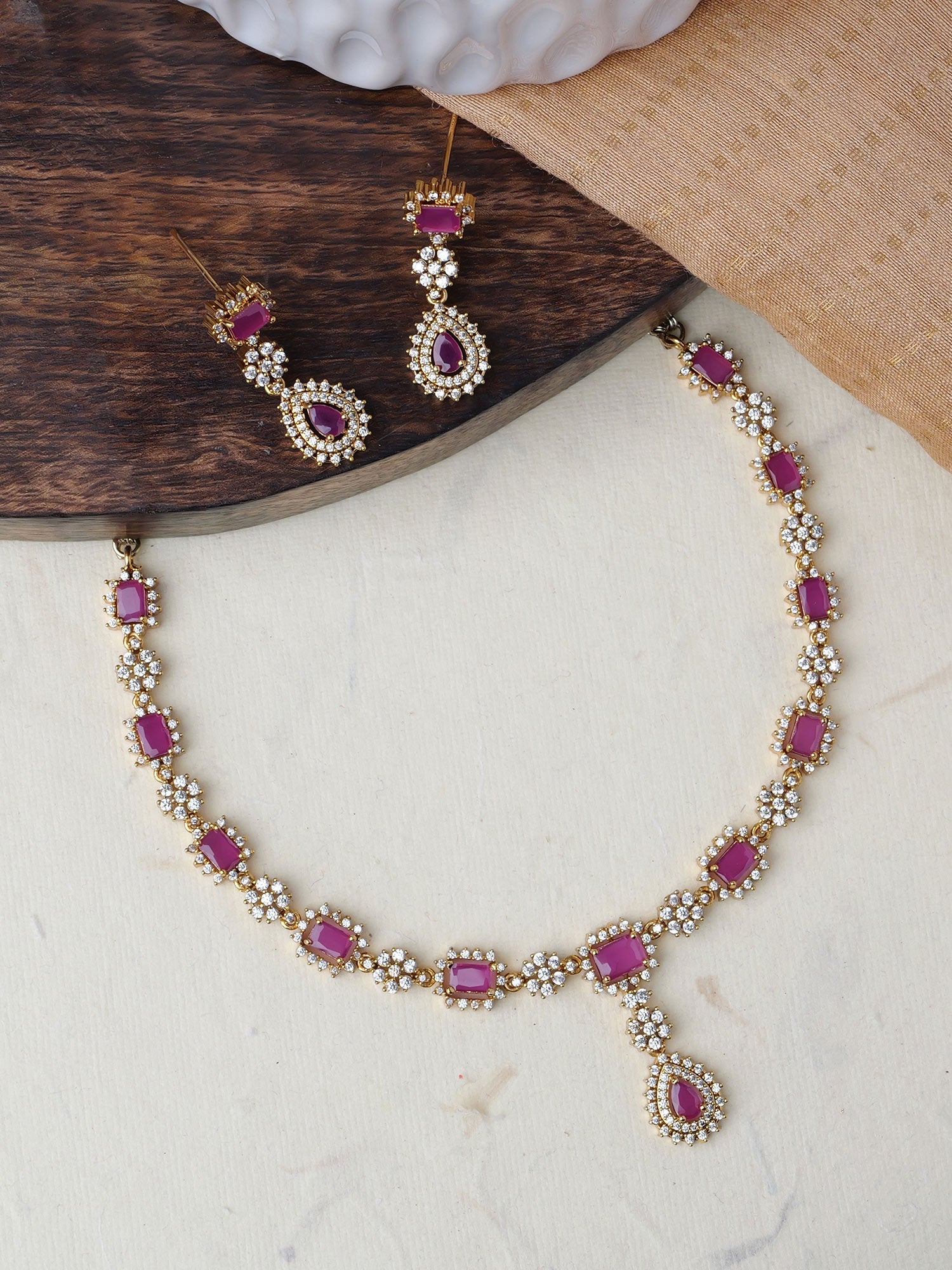 Zia Cubic Zirconia Necklace Set in Ruby and Gold