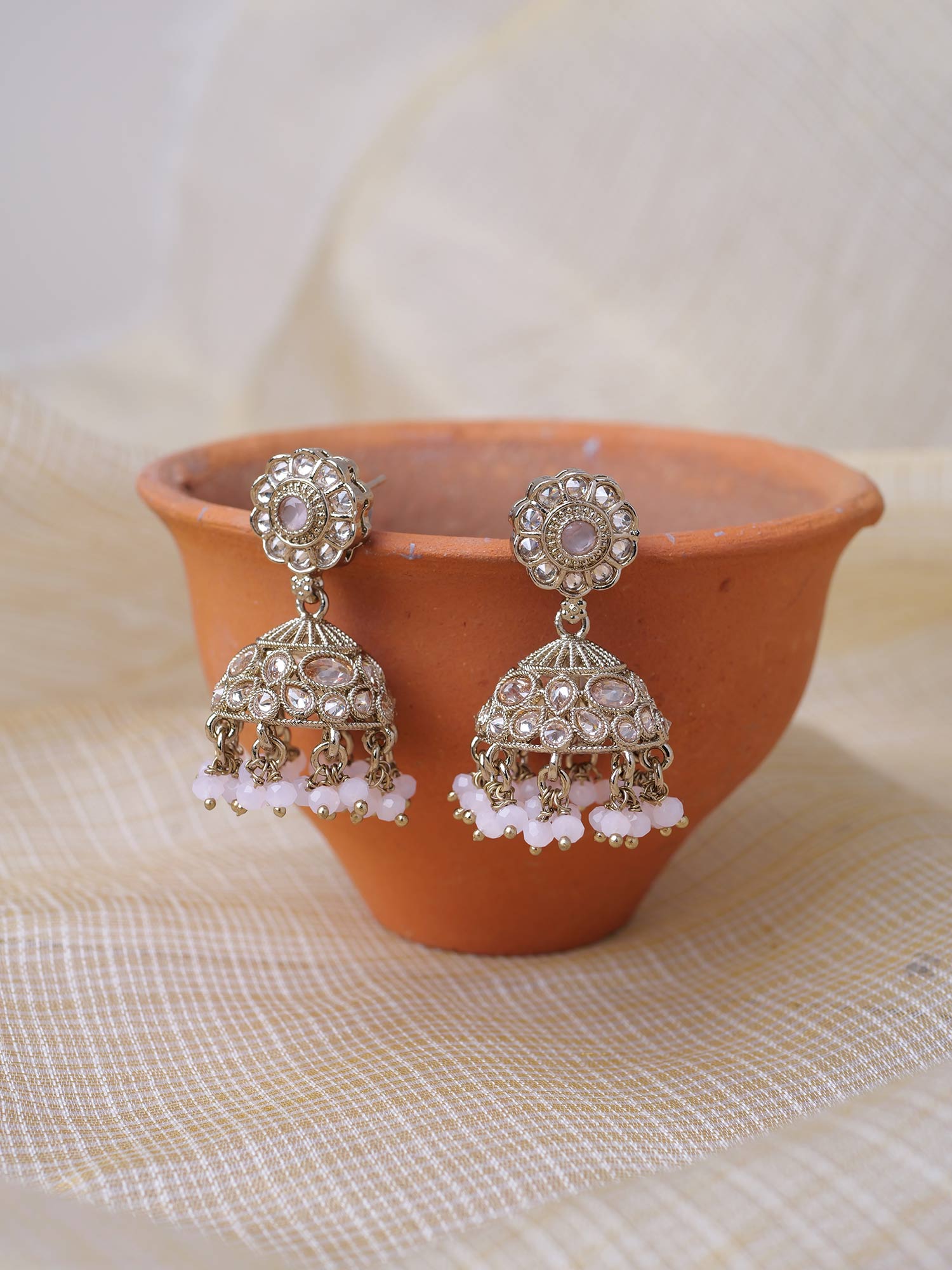 Zivah Jhumka Earrings in Light Pink