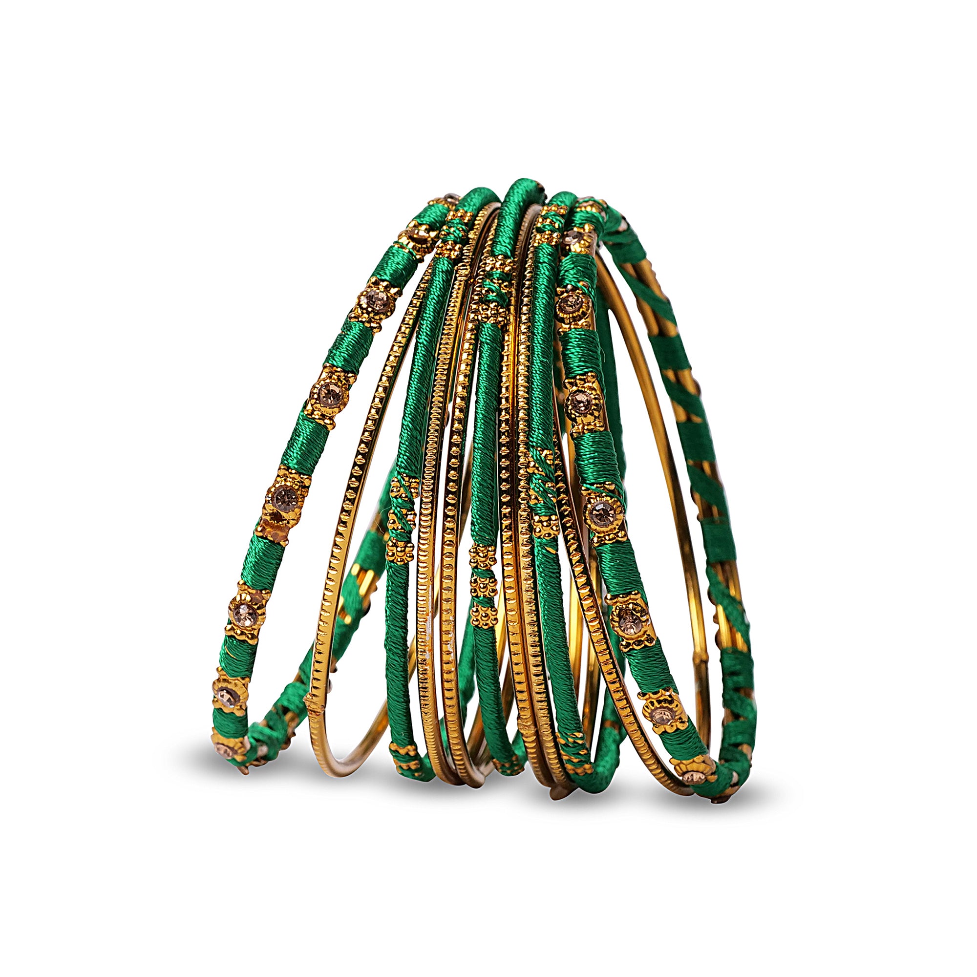 Green and Gold Thread Bangle Stack