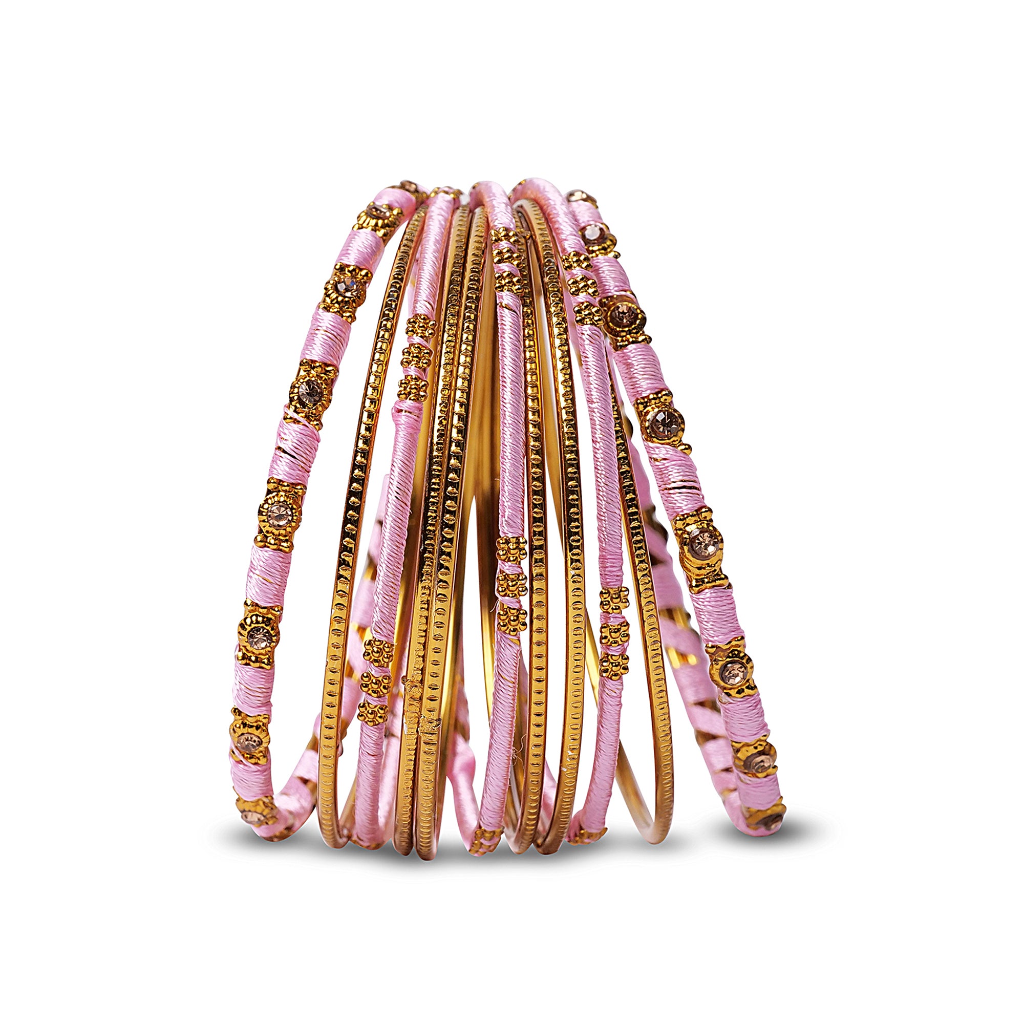 Light Pink and Gold Thread Bangle Stack